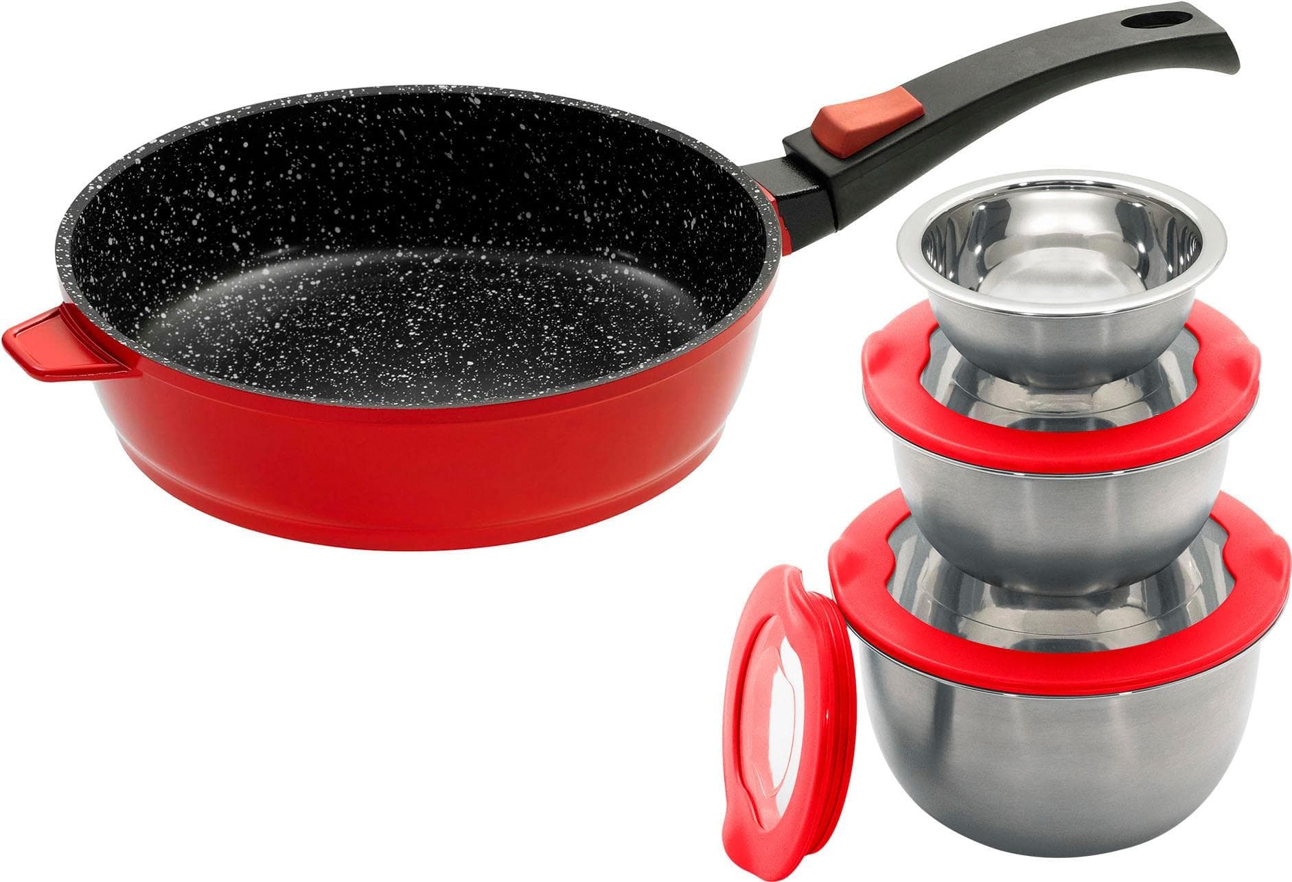 KING Bratpfanne Aluguss Rot 24cm + Edelstahl Schüsselset