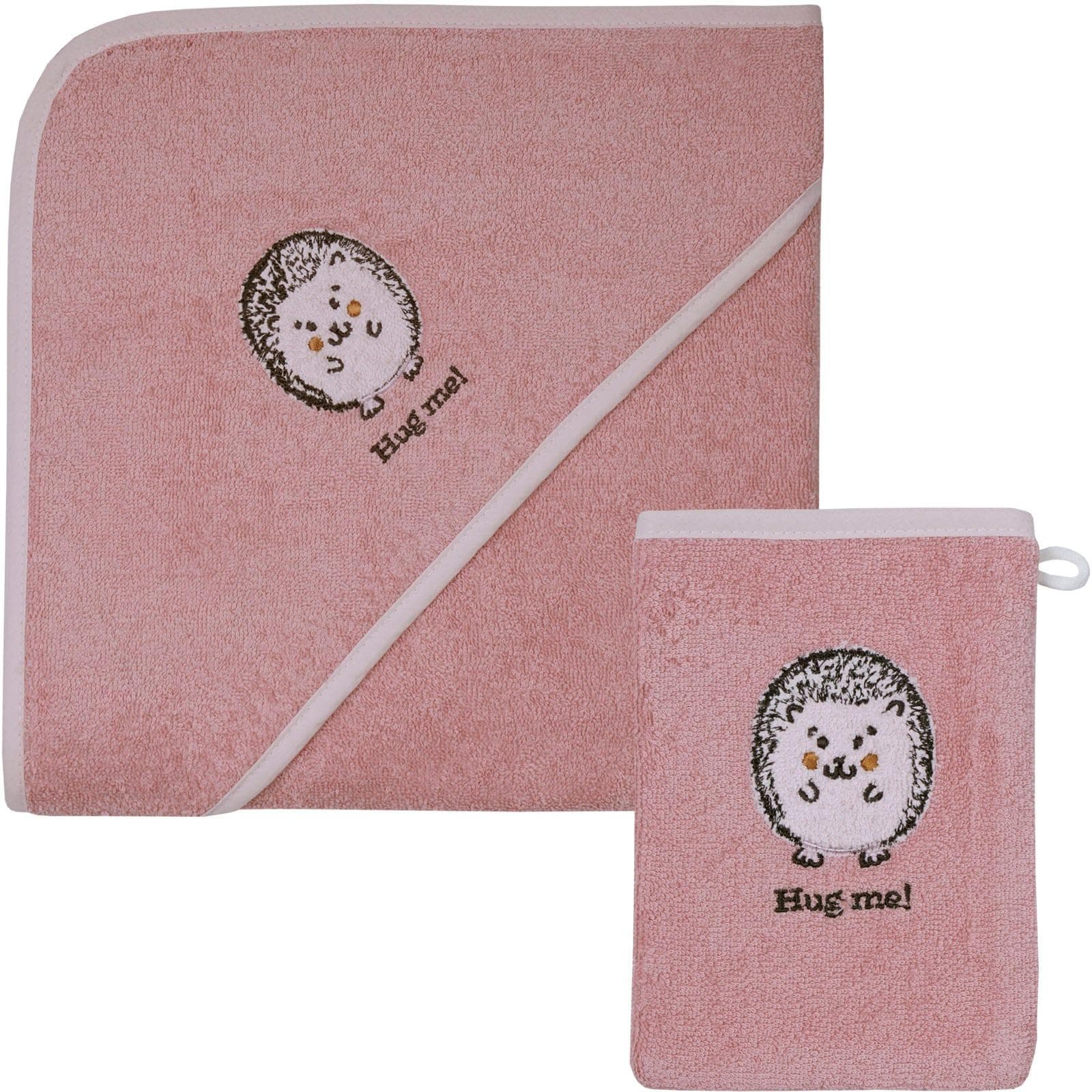 WÖRNER Handtuch Set Rosa Kapuzenbadetuch 100x100 cm mit Waschhandschuh