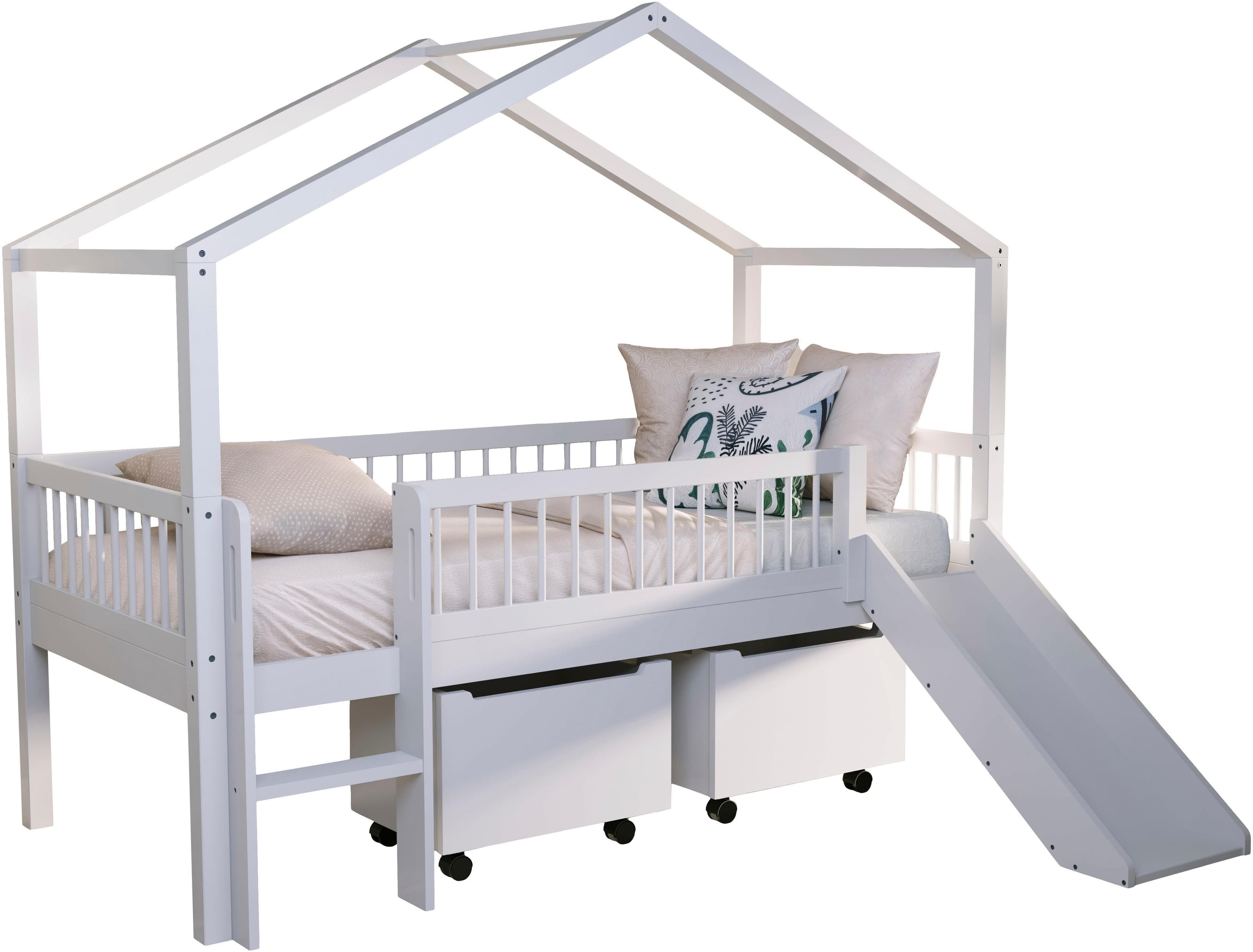 VIPACK Hausbett mit Dach, Rutsche & Rollboxen Weiß Massivholz
