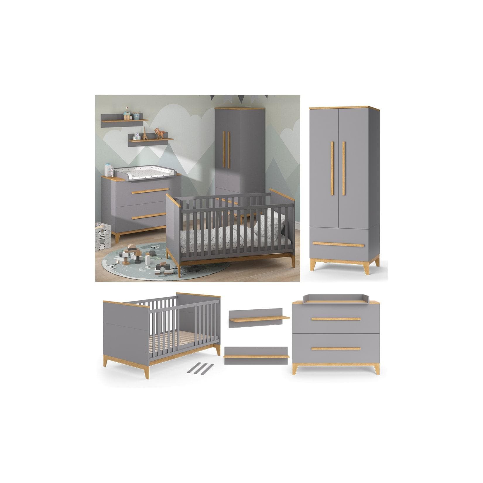 VitaliSpa Babymöbel Set Malia Grau Eiche Wickelkommode Kinderbett Kleiderschrank