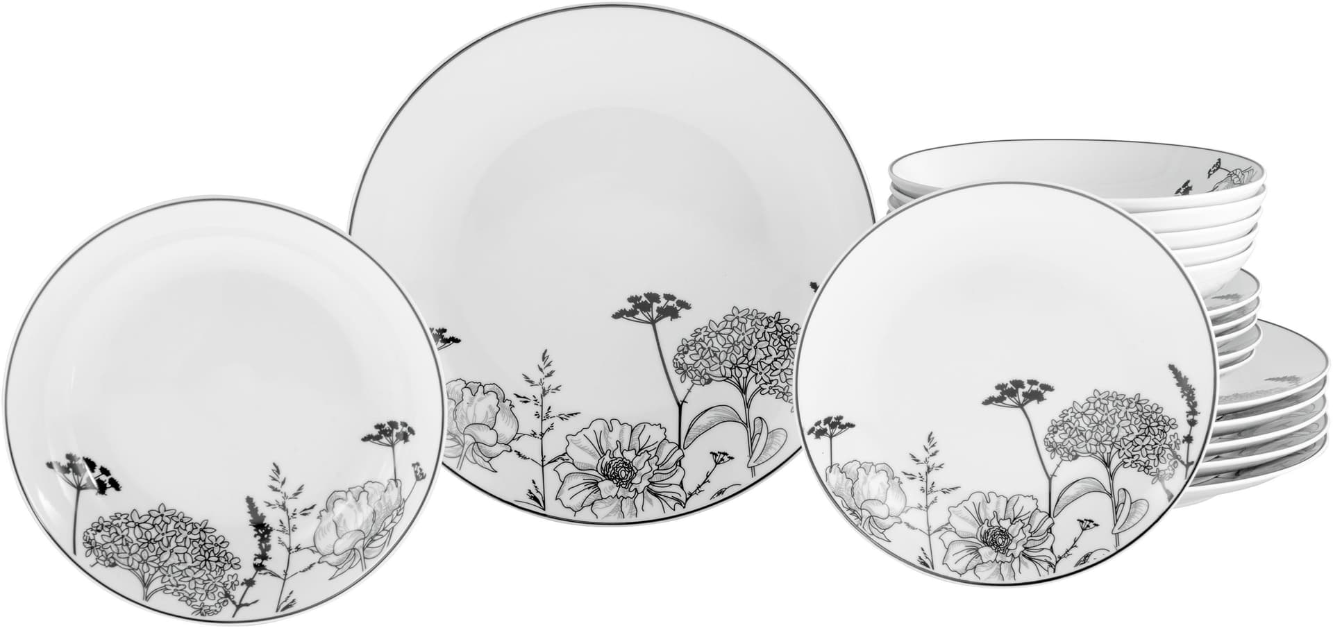 CREATABLE Teller-Set Luna Black Flower 18-tlg. Weiß/Schwarz Porzellan