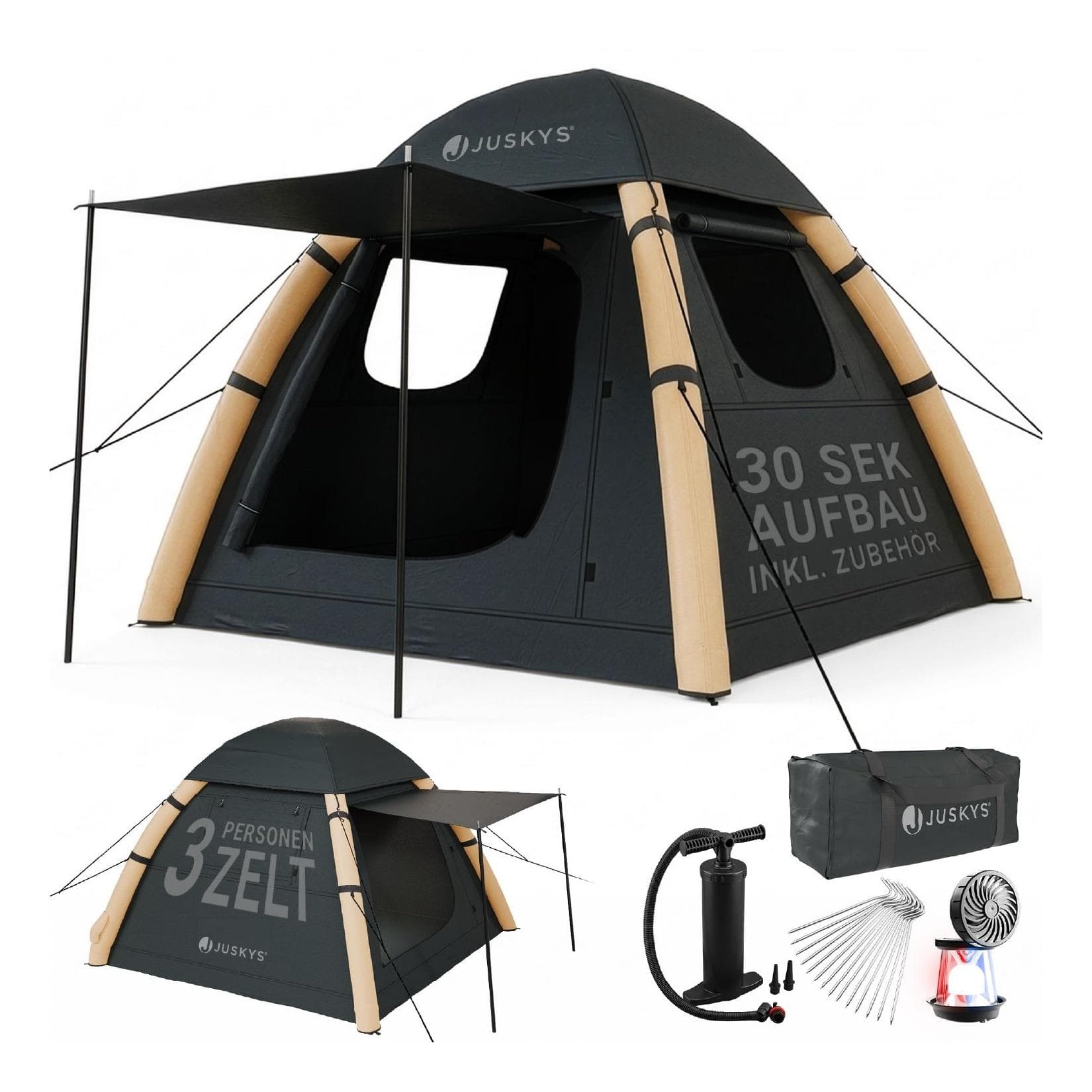 Juskys Campingzelt EasyFlow M aufblasbar Dunkelgrau/Khaki mit Pumpe