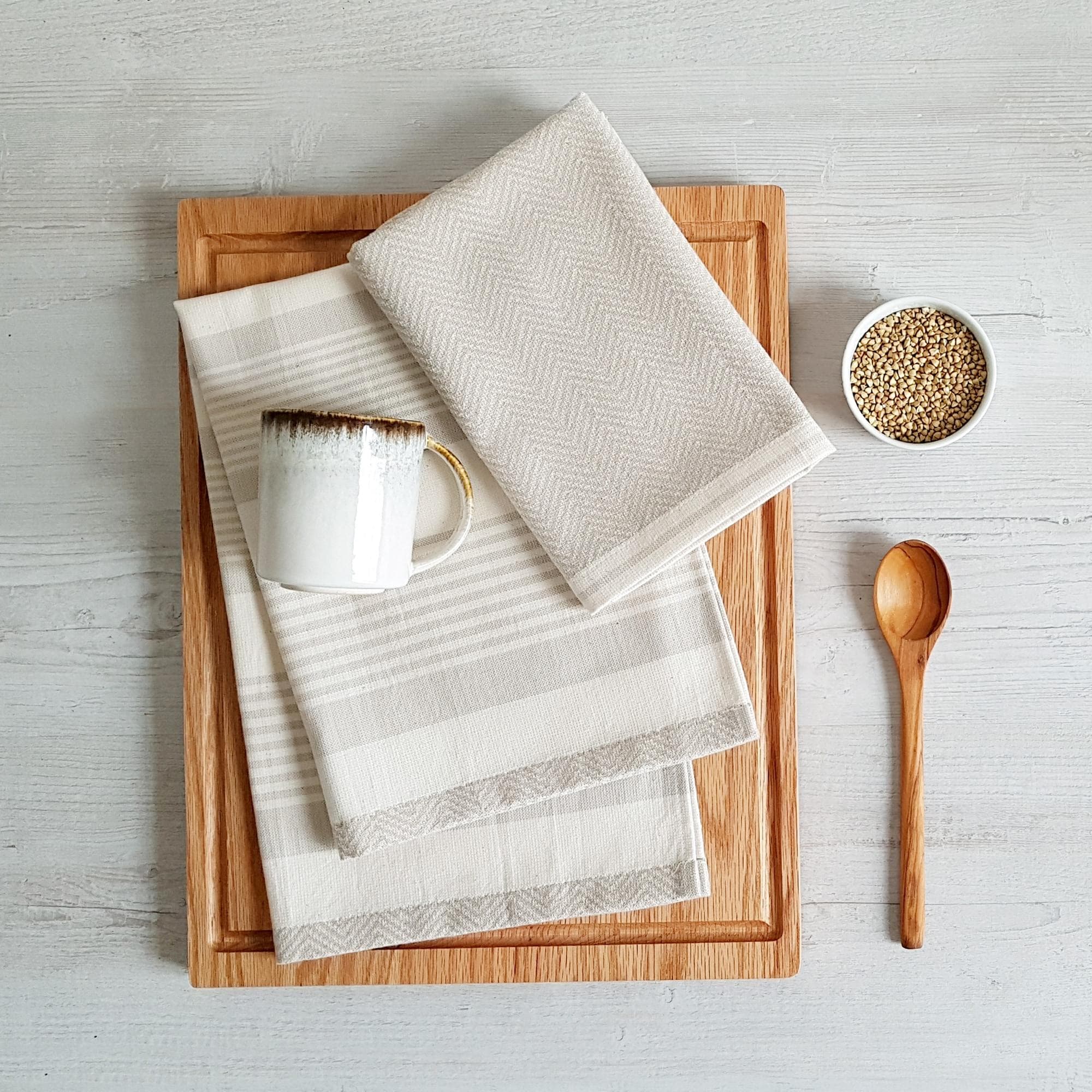 FRAMSOHN Frottier Geschirrtuch Set Modern Living Streifen Beige