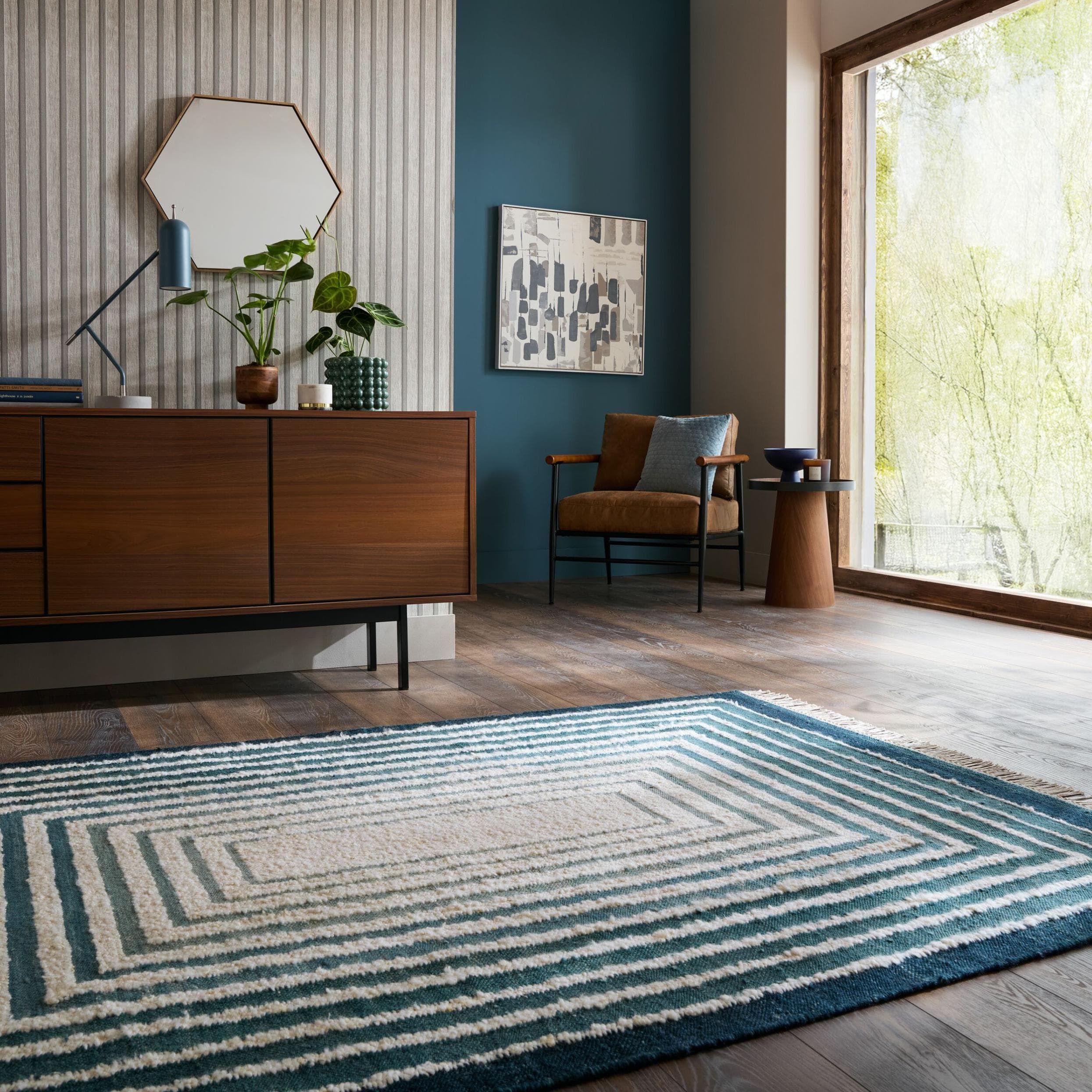 FLAIR RUGS Boucle Wool Frame Teppich Blau Skandinavisch Handgewebt