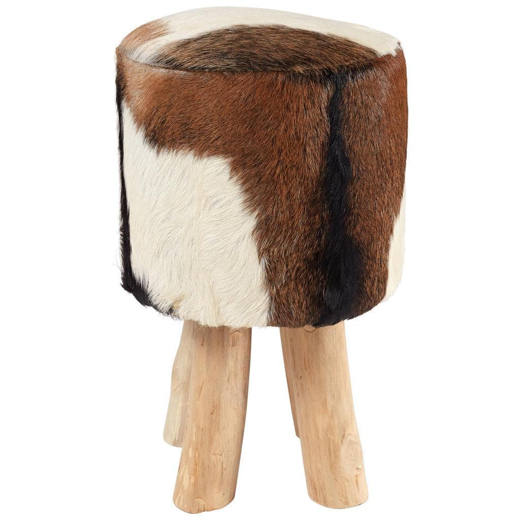 Landscape Hocker Braun Ziegenfell Teakholz