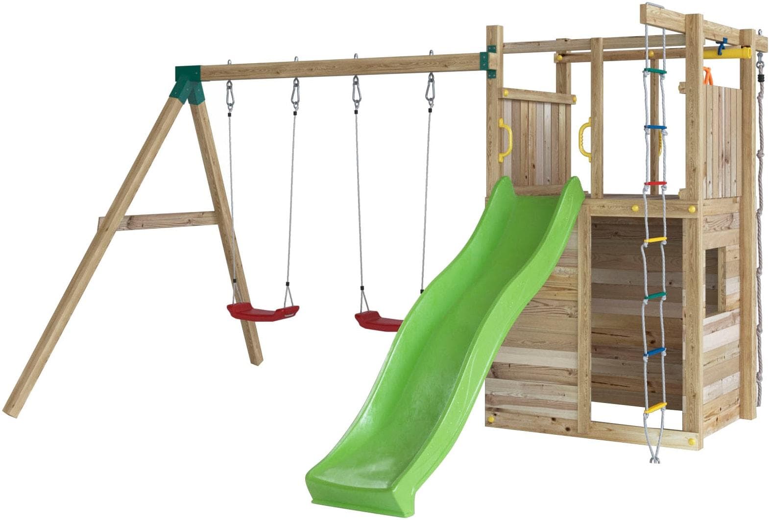 Fungoo Houser Spielturm mit Rutsche, Schaukeln & Piratenrad