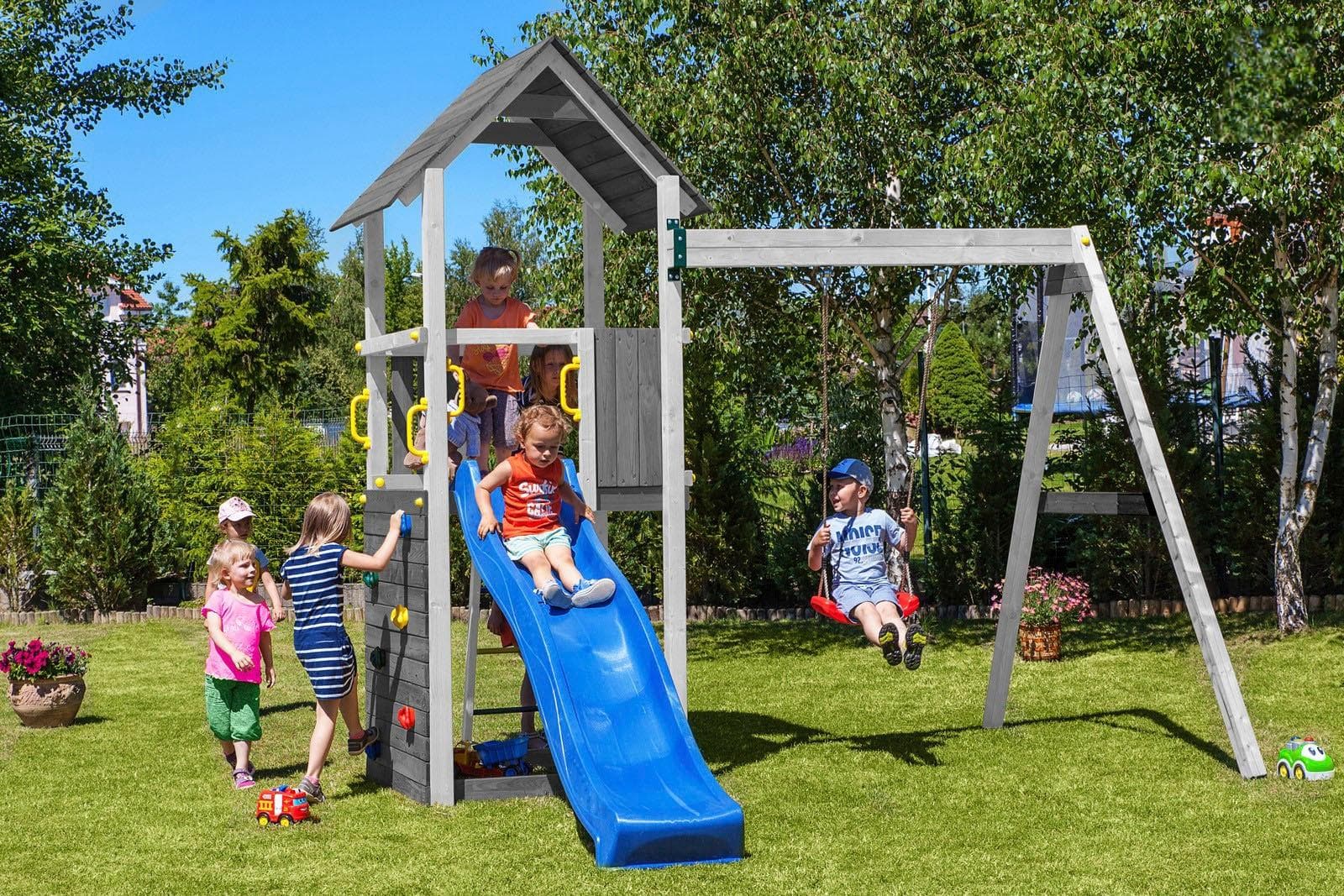 FUNGOO Spielturm CAROL2 Klettergerüst mit Schaukel u. Rutsche Grau/Weiß