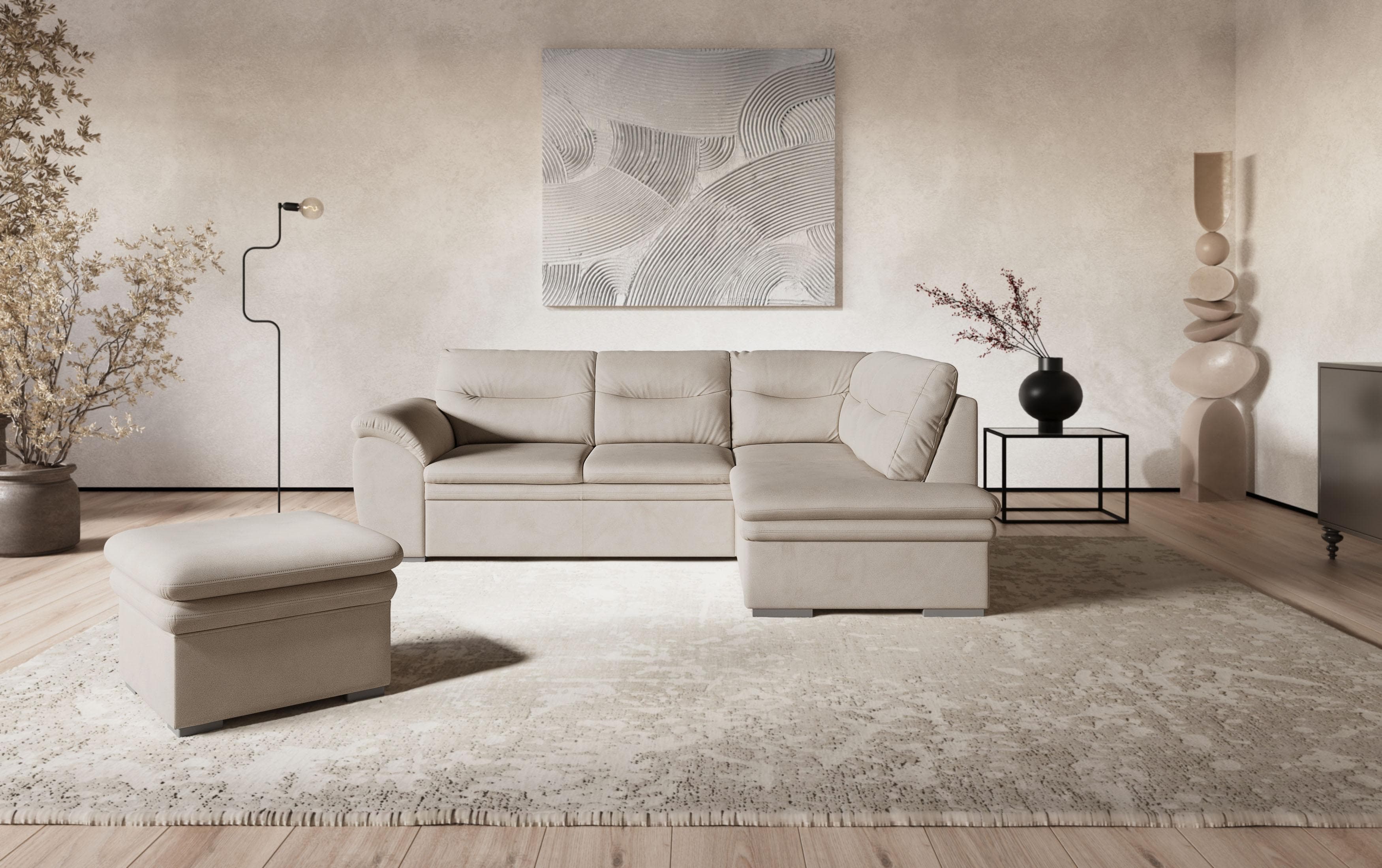 COTTA Ecksofa Leandra L-Form Beige mit Bettfunktion & Bettkasten
