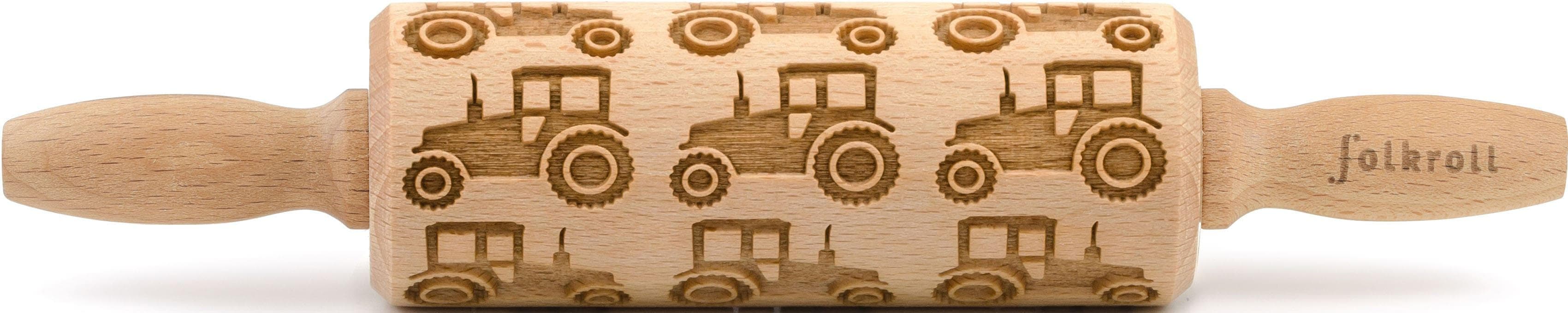 Folkroll 3D-Motiv-Teigrolle Traktor Massivholz Buche Braun