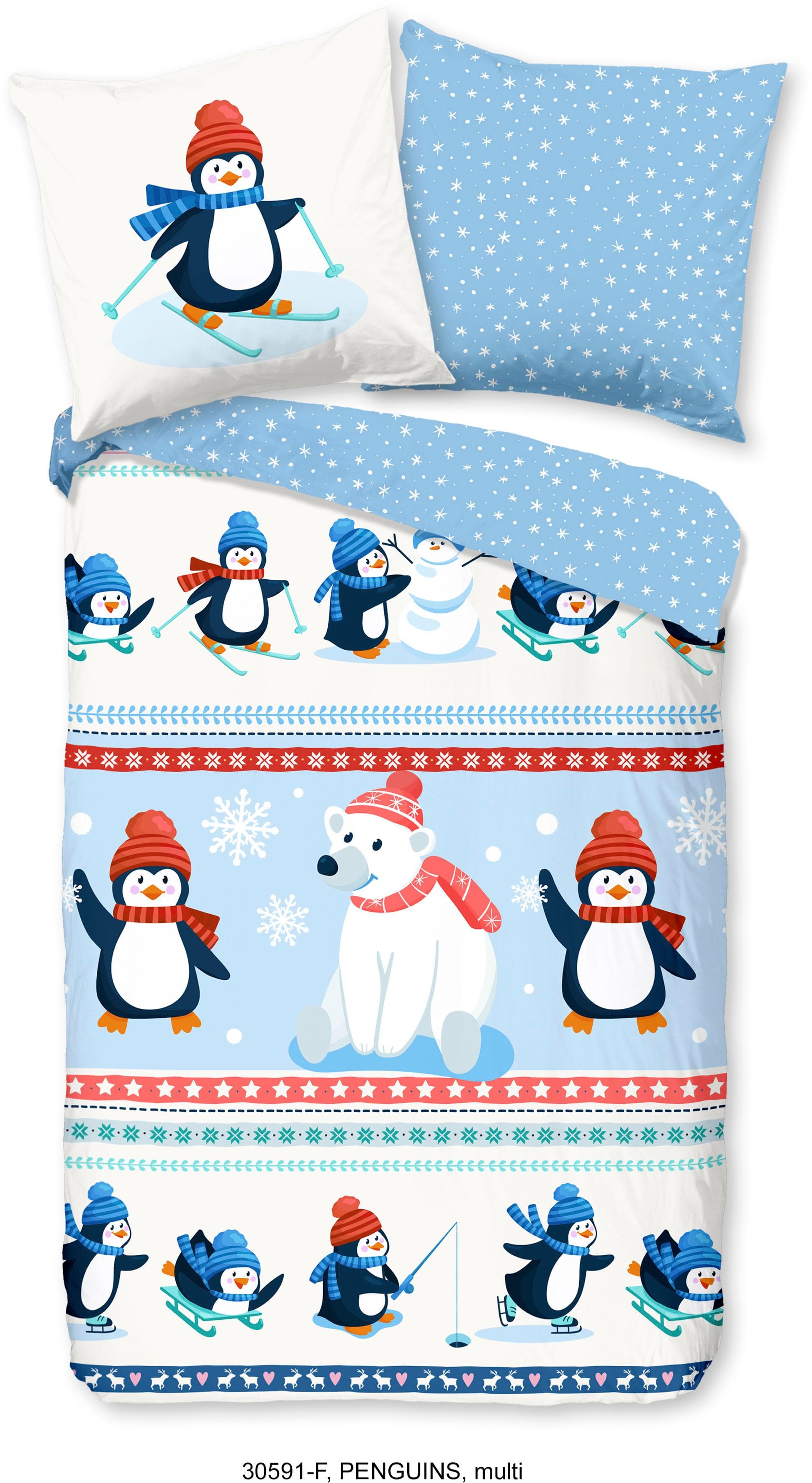 Good Morning Kinderbettwäsche Pinguine Blau Weiß Flanell