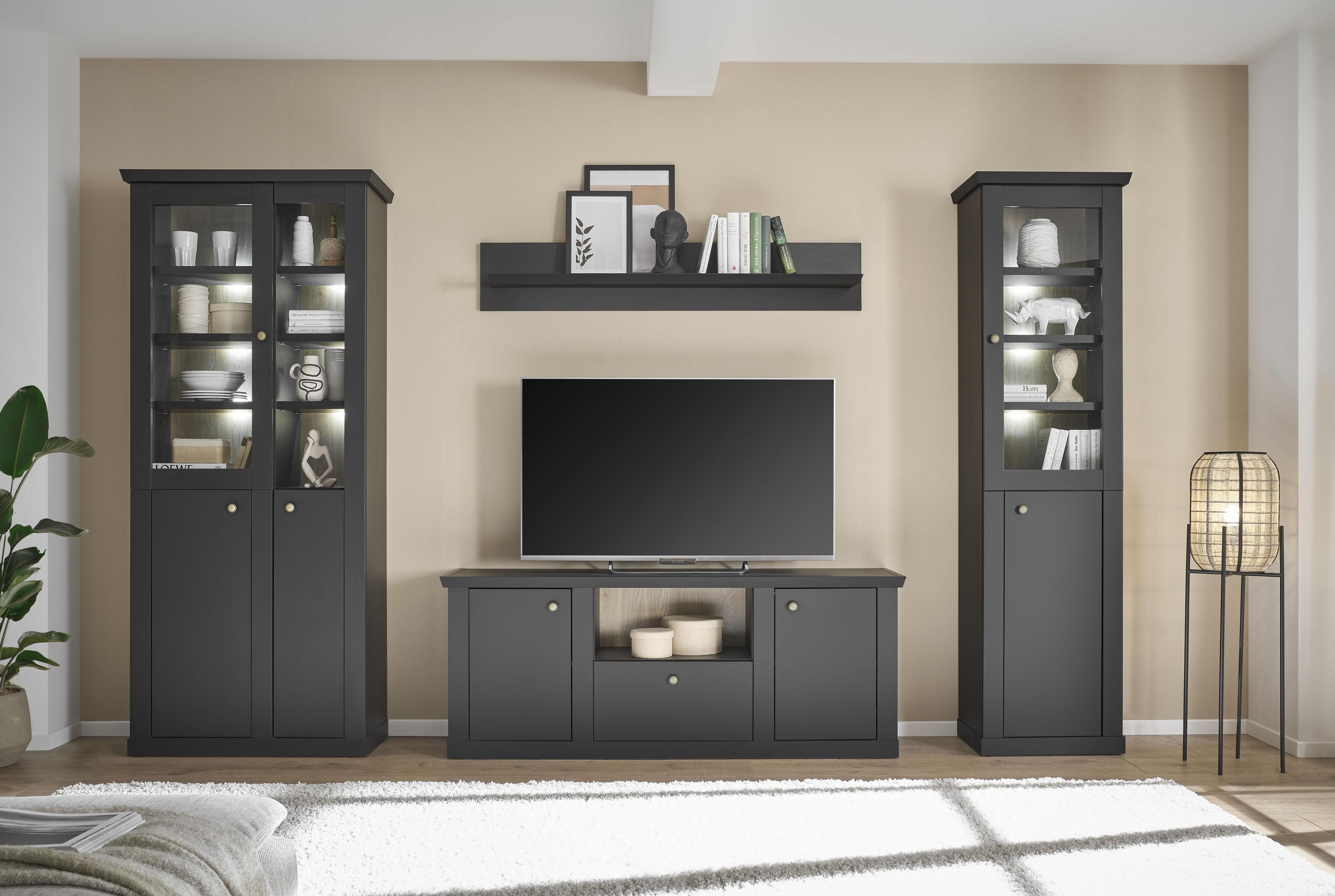 HOME AFFAIRE Wohnwand Lincoln Komplettset Schwarz Matt Landhausstil
