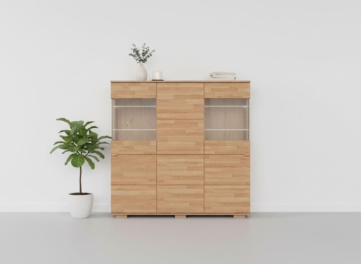 OTTO HOME VETRO Highboard Weiß Eiche Teilmassiv 15 Fächer
