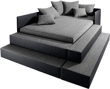 Polsterbett MAINTAL Grau/Schwarz mit Bettkasten und Treppe