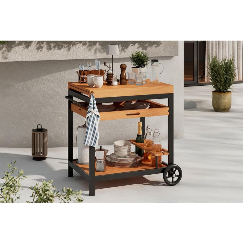Ambia Garden Garten-Servierwagen Schwarz Teakholz Ausziehbar