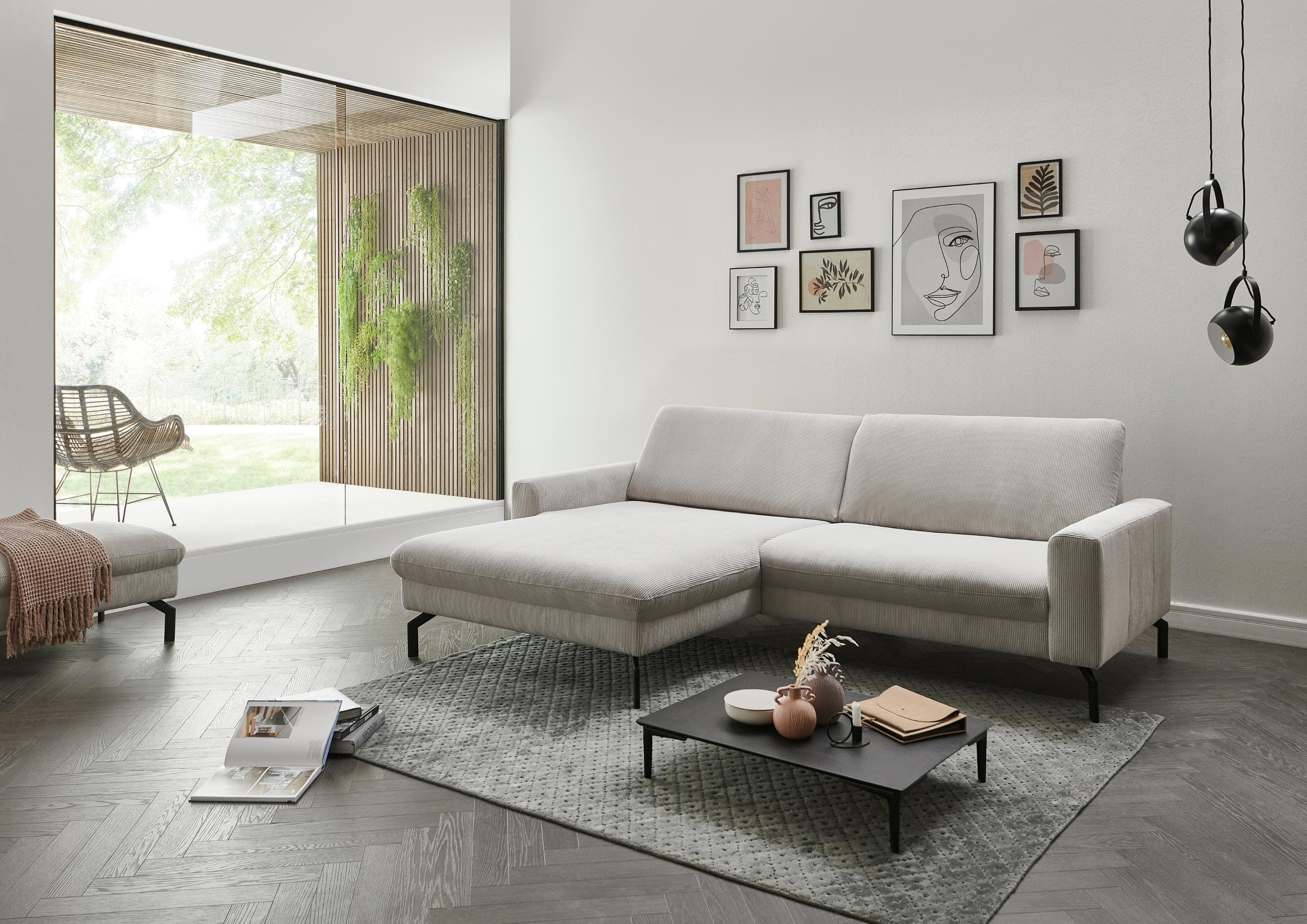 Ecksofa DIE PLANBAR Feincord Silber mit Sitztiefenverstellung