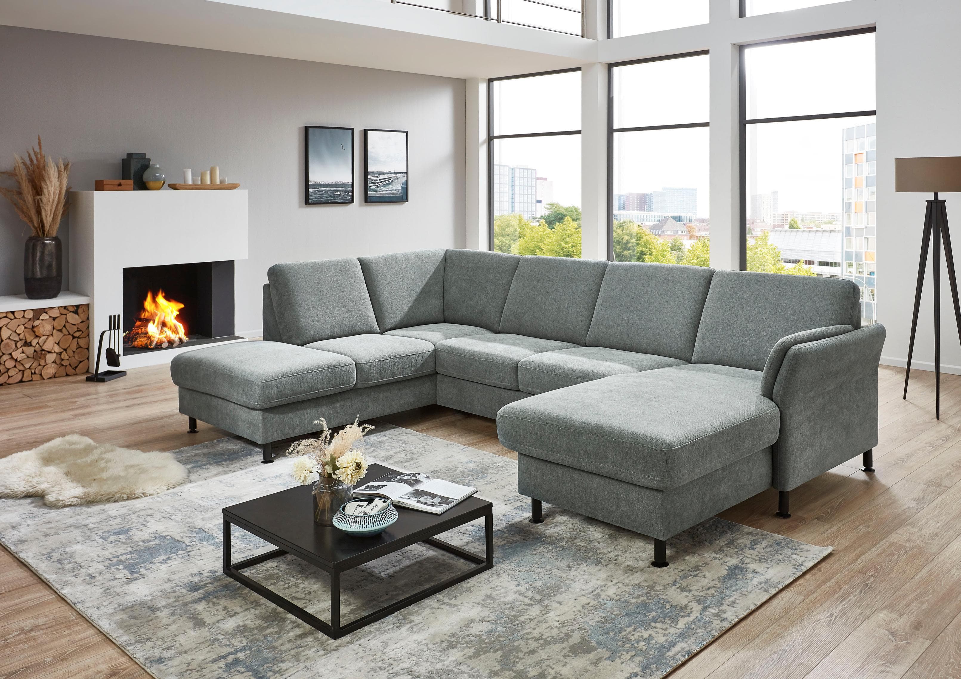 Wohnlandschaft U-Form 305 cm Polyester Grau