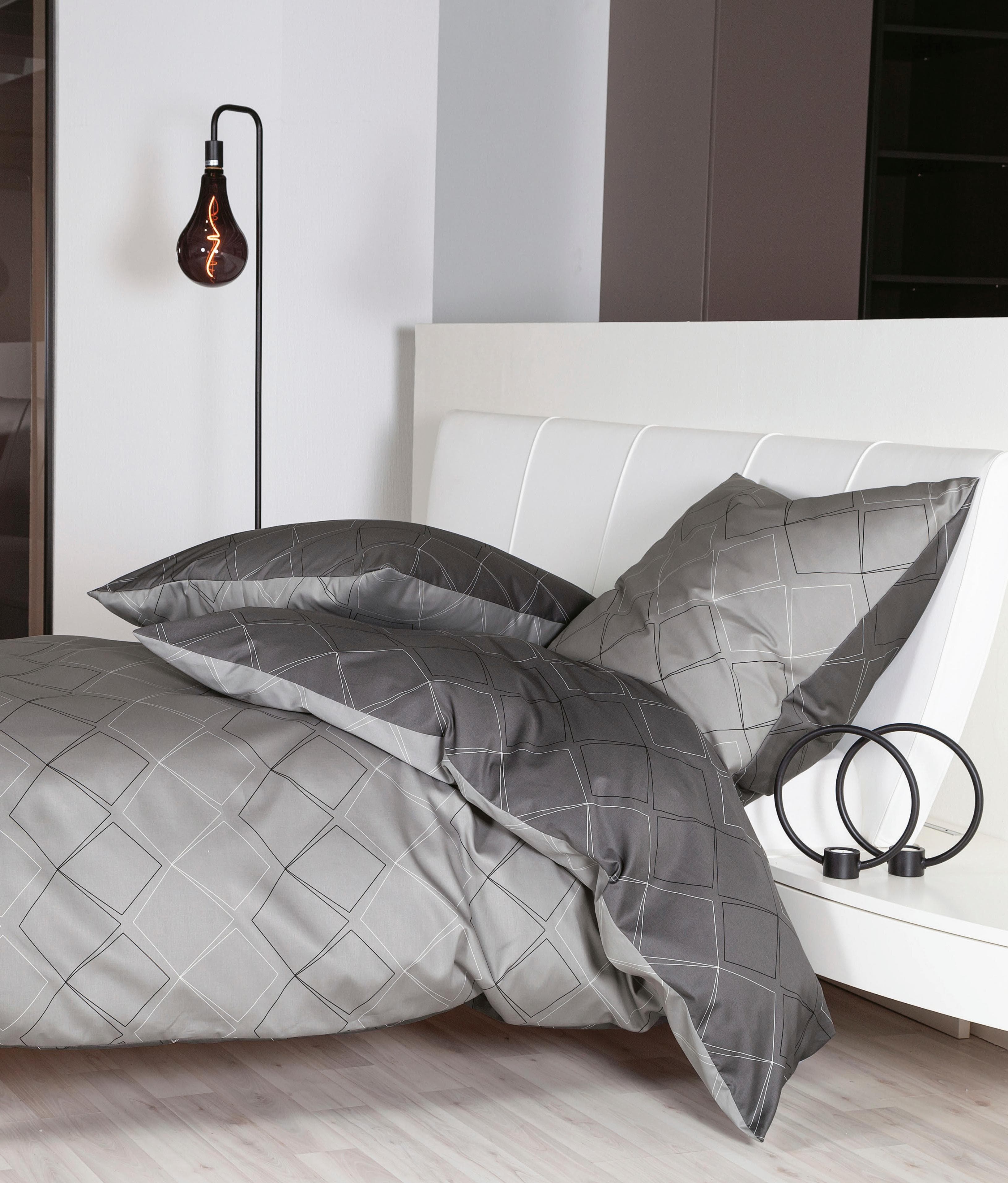 Janine Bettwäsche J. D. Mako-Satin 3-teilig Anthrazit Platin Rauten-Design