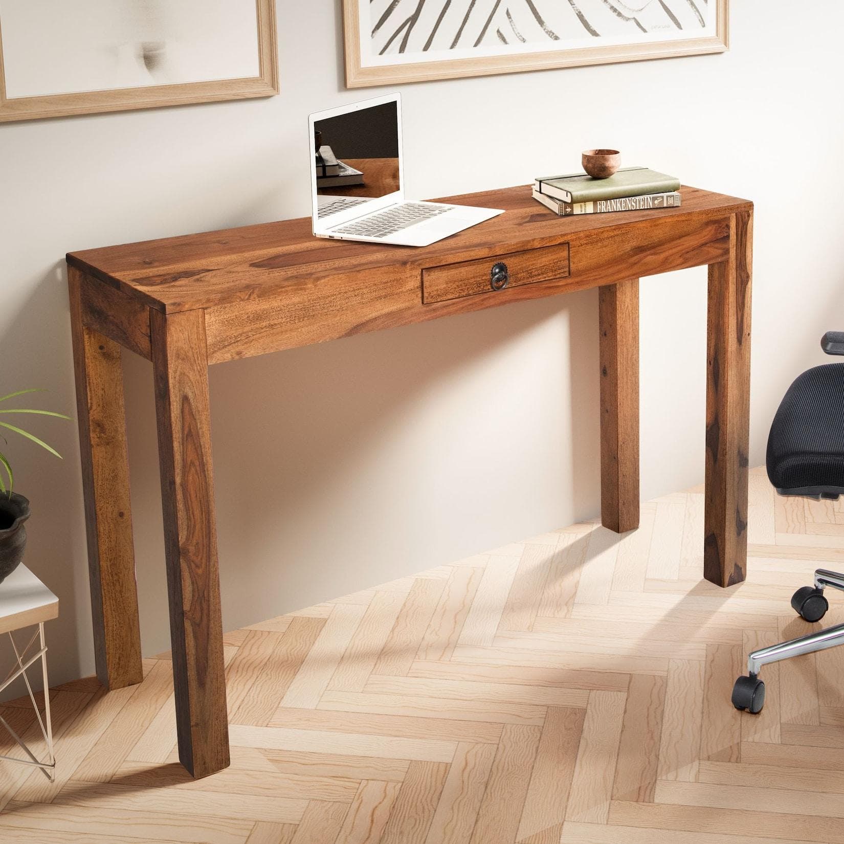 FineBuy Schreibtisch Sheesham Massivholz mit Schublade Modern