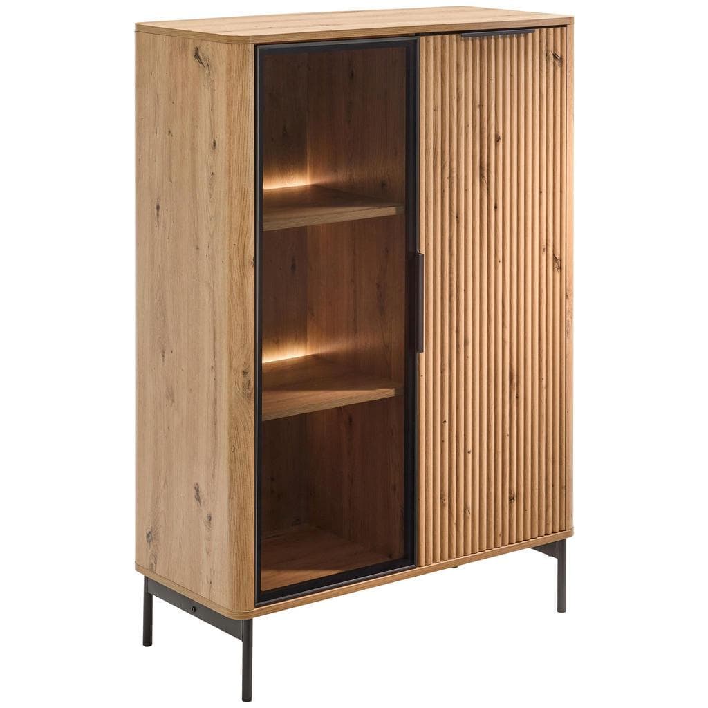Mid.you Highboard Schwarz Eiche Artisan Metall 4 Fächer Beleuchtung