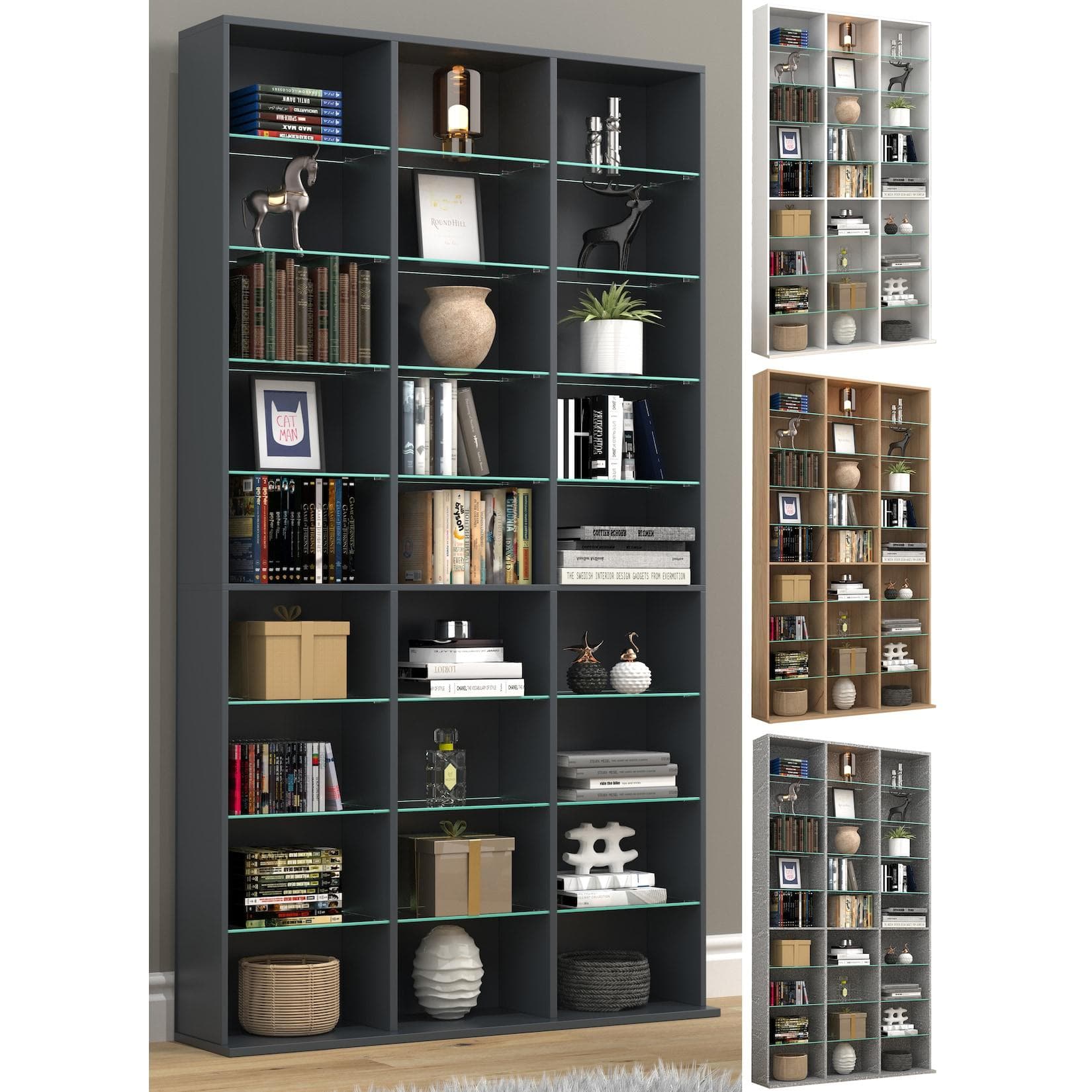 VCM Zilas XL CD DVD Standregal Holz Glas Raumteiler