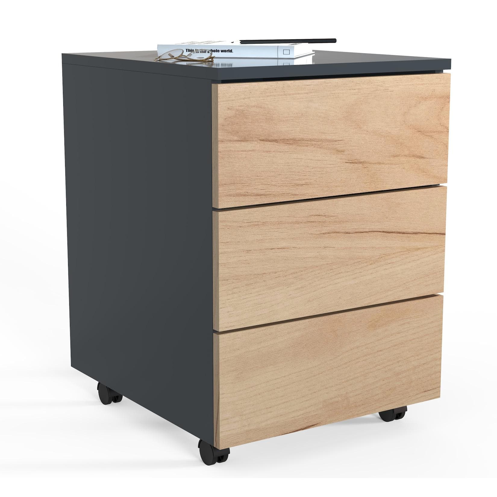 VCM Rollcontainer Dalosa 70 cm Anthrazit Honig-Eiche Push-to-Open