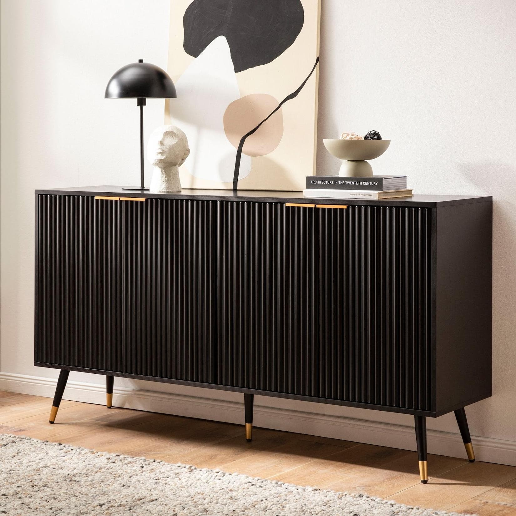 FineBuy Sideboard 150cm MDF Eiche Schwarz Dekor mit 4 Türen