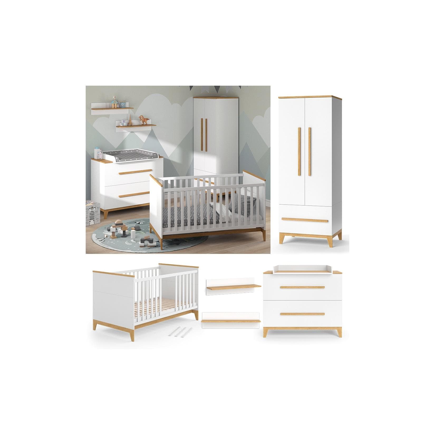 VitaliSpa Babymöbel Set Malia Weiß Eiche Wickelkommode Kinderbett Kleiderschrank