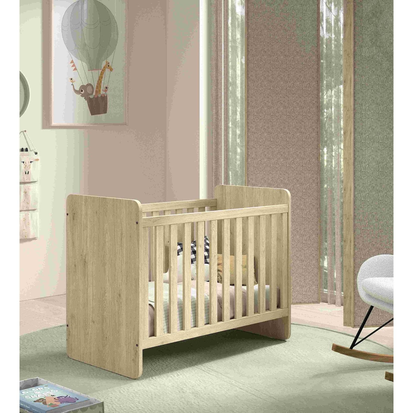 SAM Babybett 60x120 cm Liegefläche, 3-fach verstellbarer Lattenrost, zum Juniorbett umbaubar, Eiche Melamin Dekor