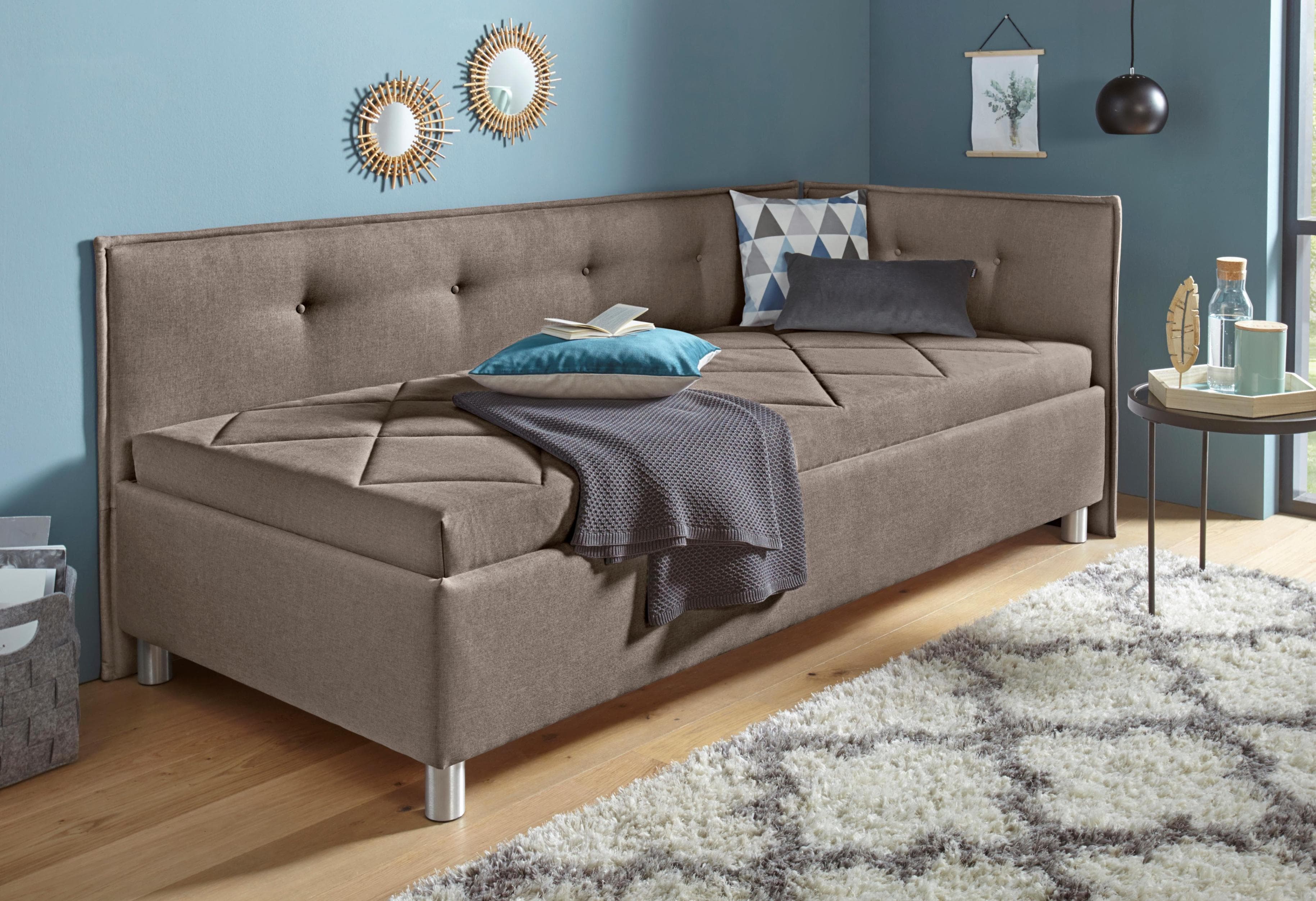 Polsterliege MAINTAL Taupe mit verstellbarem Kopfteil und Bettkasten