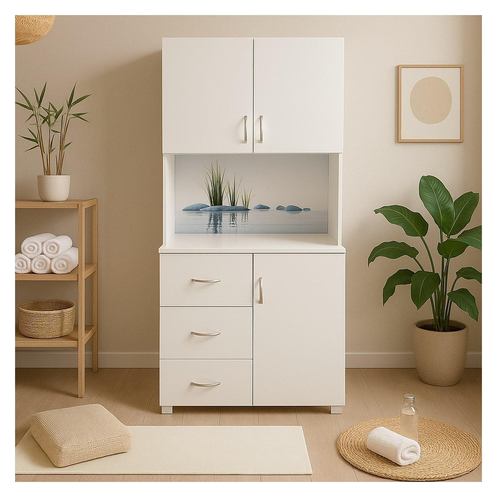 HTI-Living Mehrzweckschrank mit bedruckter Rückwand Steine 6 Regale 3 Schubladen