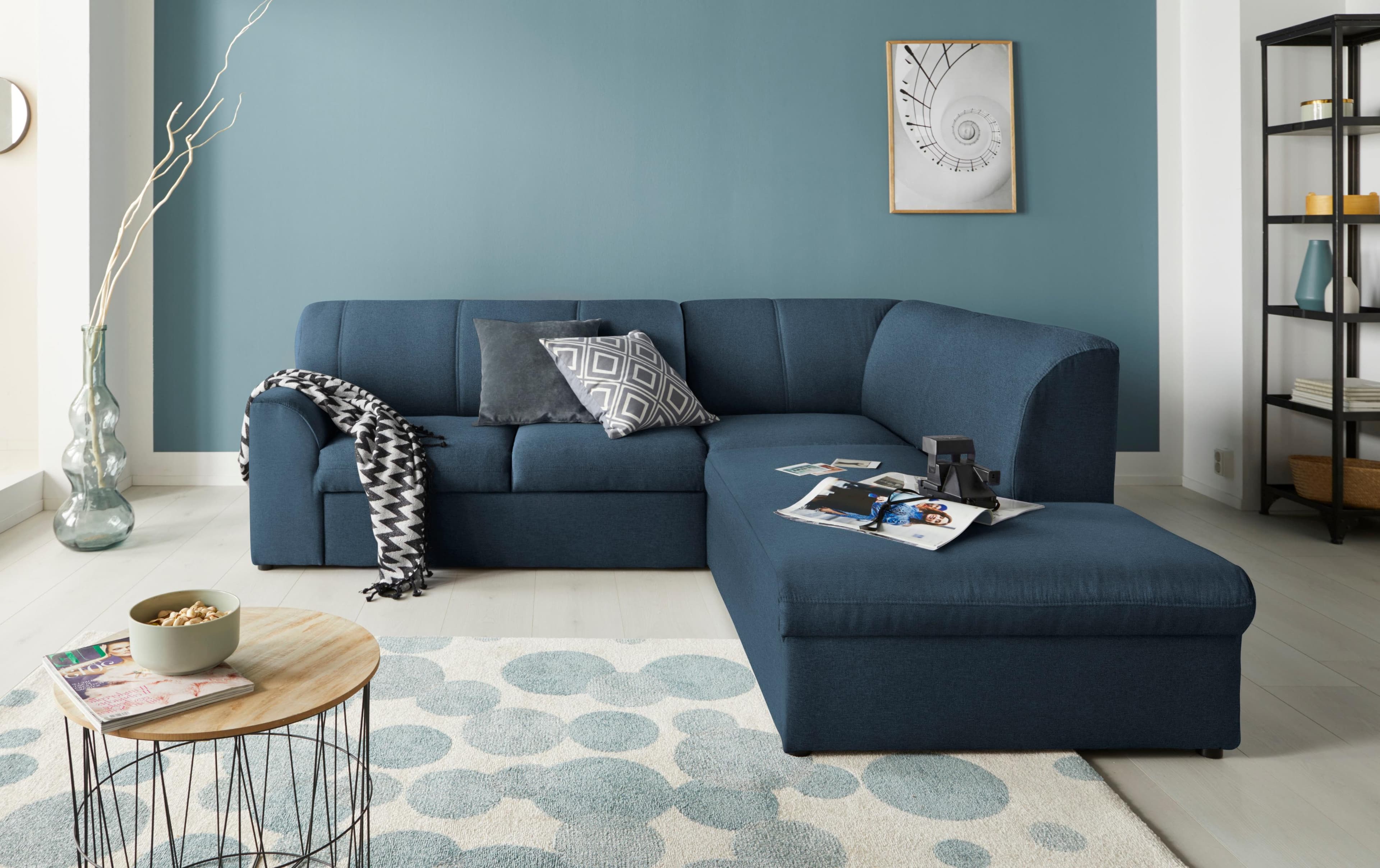 DOMO COLLECTION Ecksofa Topper L-Form mit Ottomane und Schlaffunktion Dunkelblau