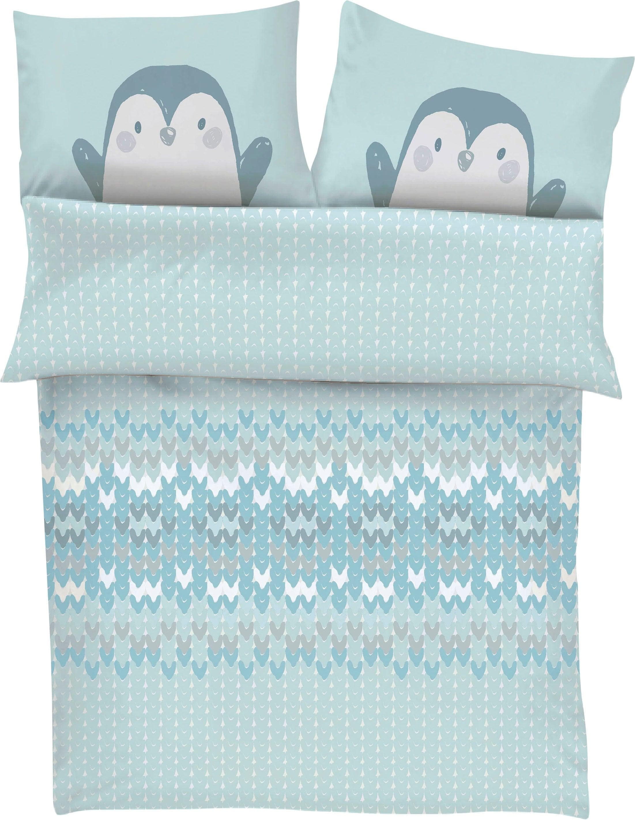 s.Oliver Junior Babybettwäsche Pinguin Satin 100% Baumwolle Mint Grau
