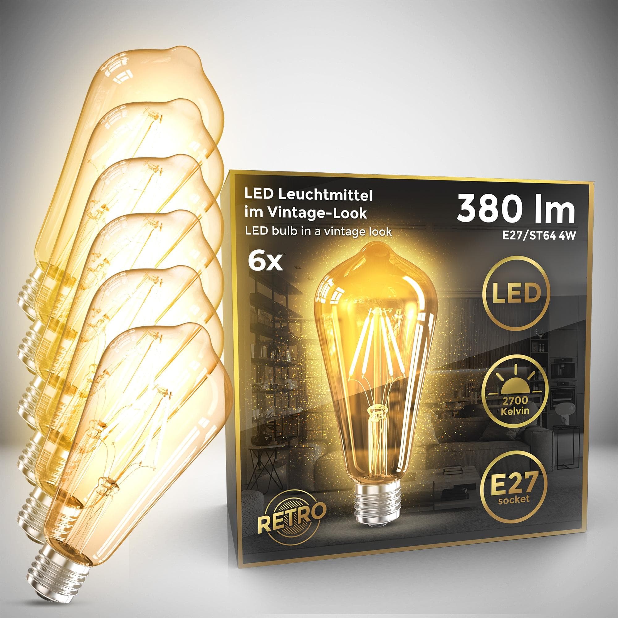 B.K.LICHT LED-Leuchtmittel 6er Set E27 ST64 Edison Vintage Braun