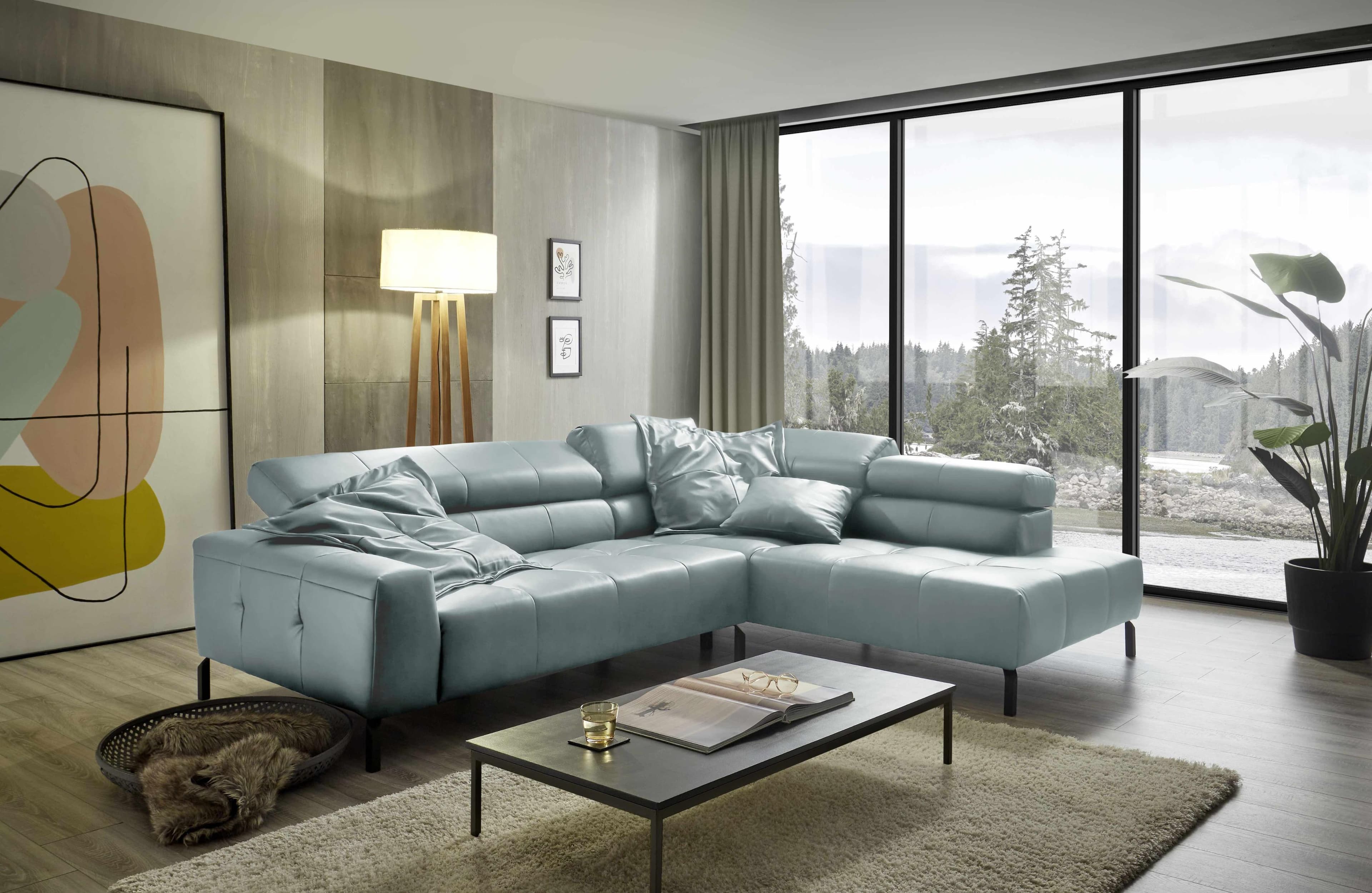 Home Affaire Ecksofa Claya L-Form 100% Leder Blau mit Kopfteilverstellung