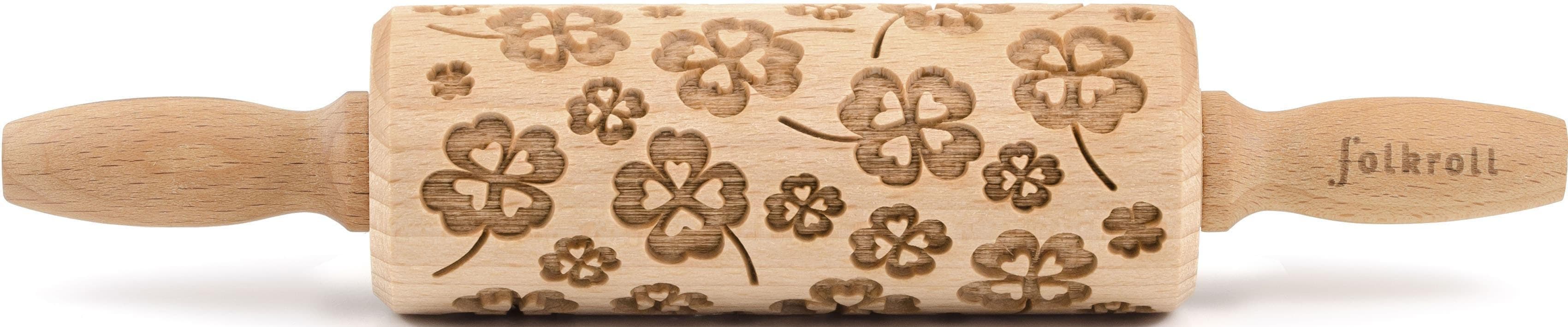 FOLKROLL 3D-Motiv-Teigrolle Kleeblatt Massivholz Braun