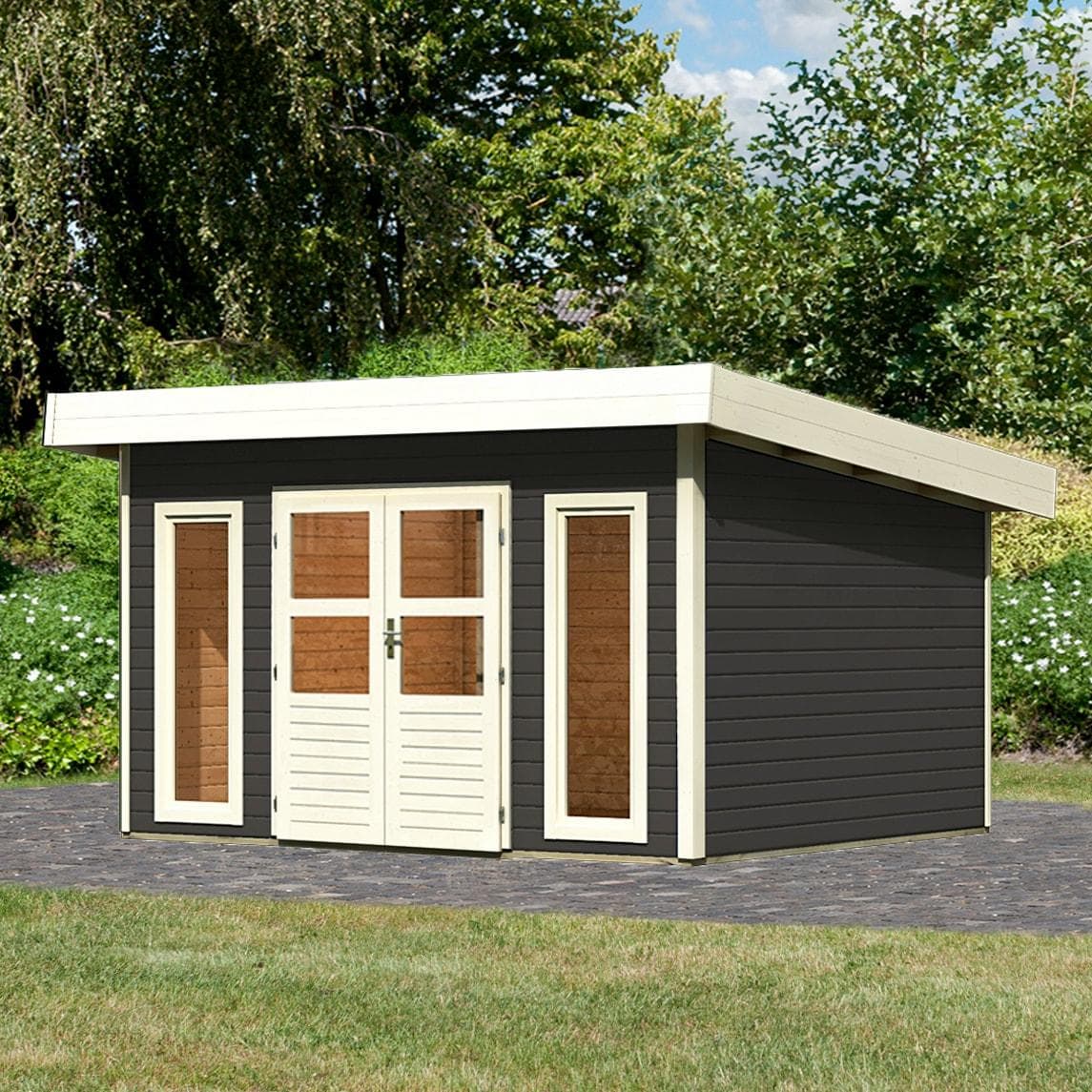 Gartenhaus KARIBU Perlsee 4 Terragrau Holzwerkstoff Pultdach