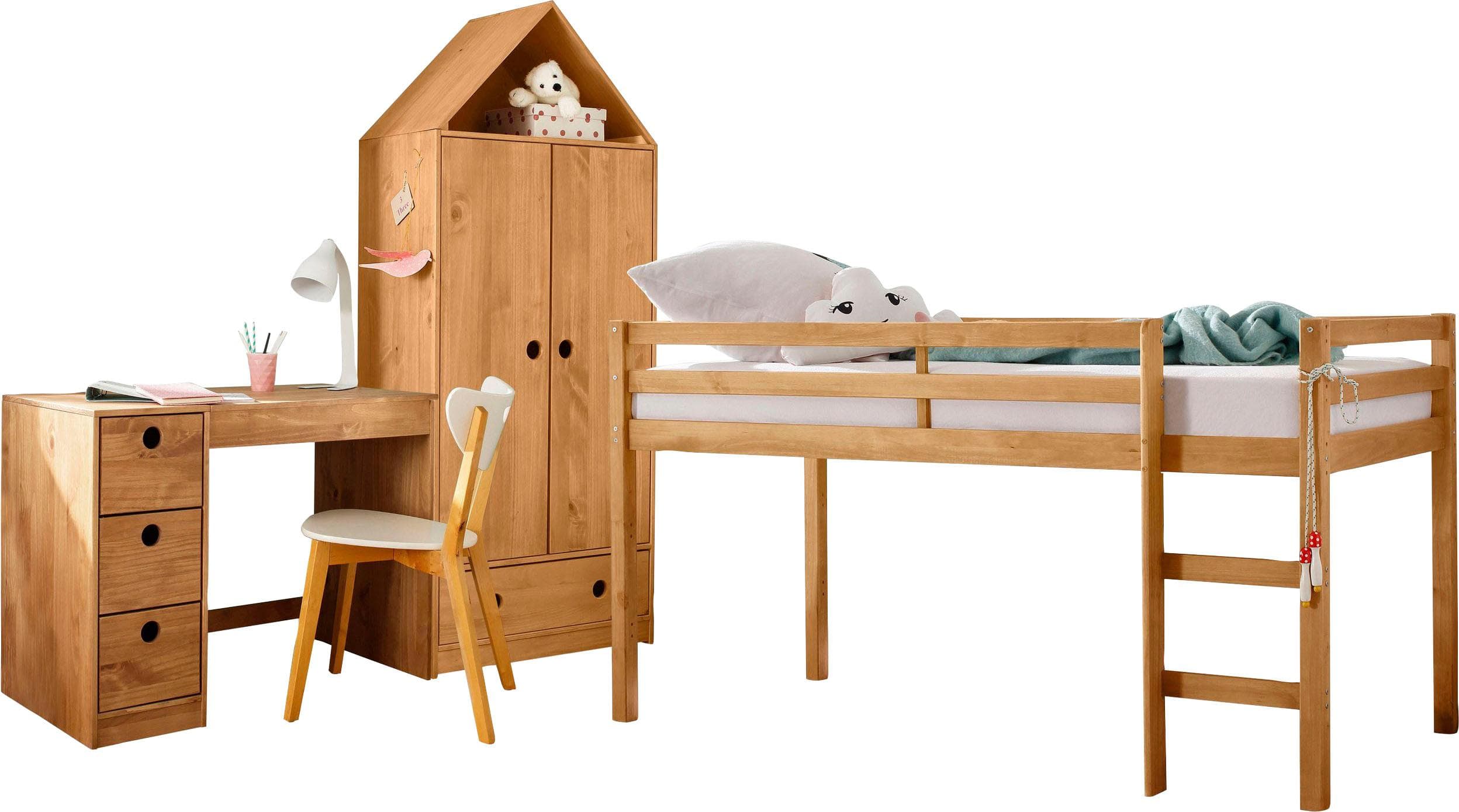 Lüttenhütt Jugendzimmer-Set Alpi Hochbett mit Schrank & Schreibtisch Beige