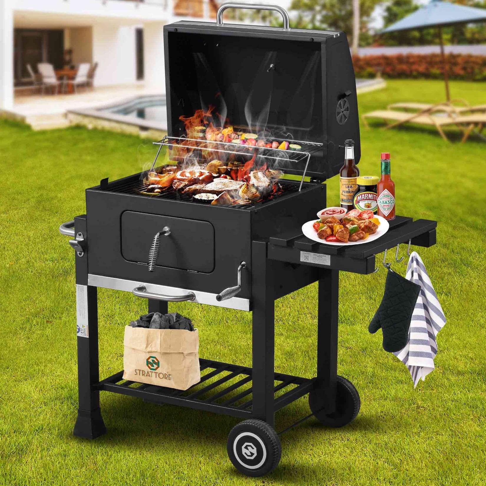 Strattore Holzkohlegrill Quadratischer BBQ Grillwagen aus Eisen XL
