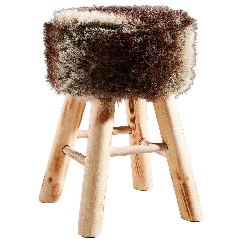 Ambia Home Hocker Braun Kunstfell Holz