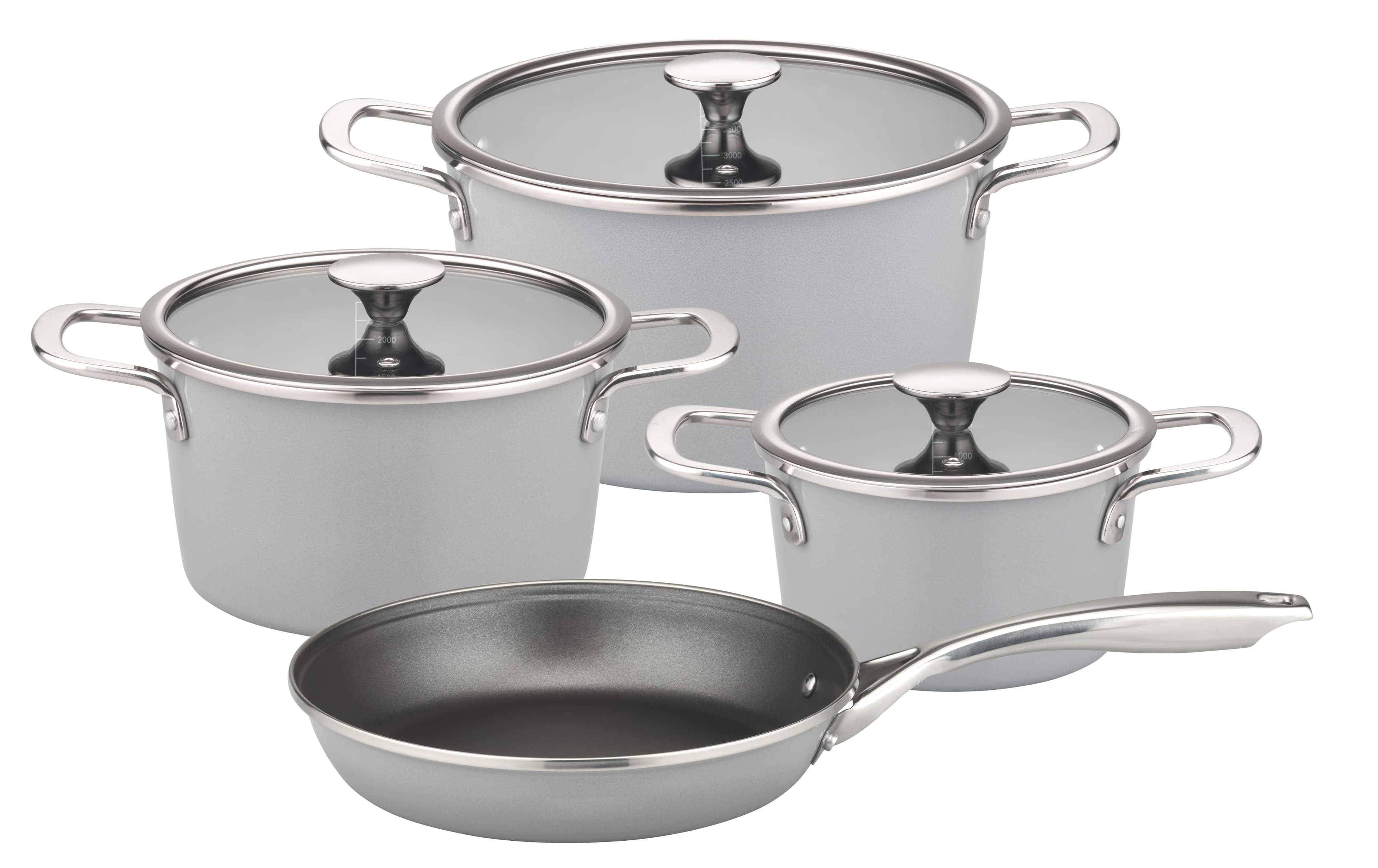 GSW Kochtopf-Set Stratos Grau Stahl-Emaille mit Antihaft-Pfanne