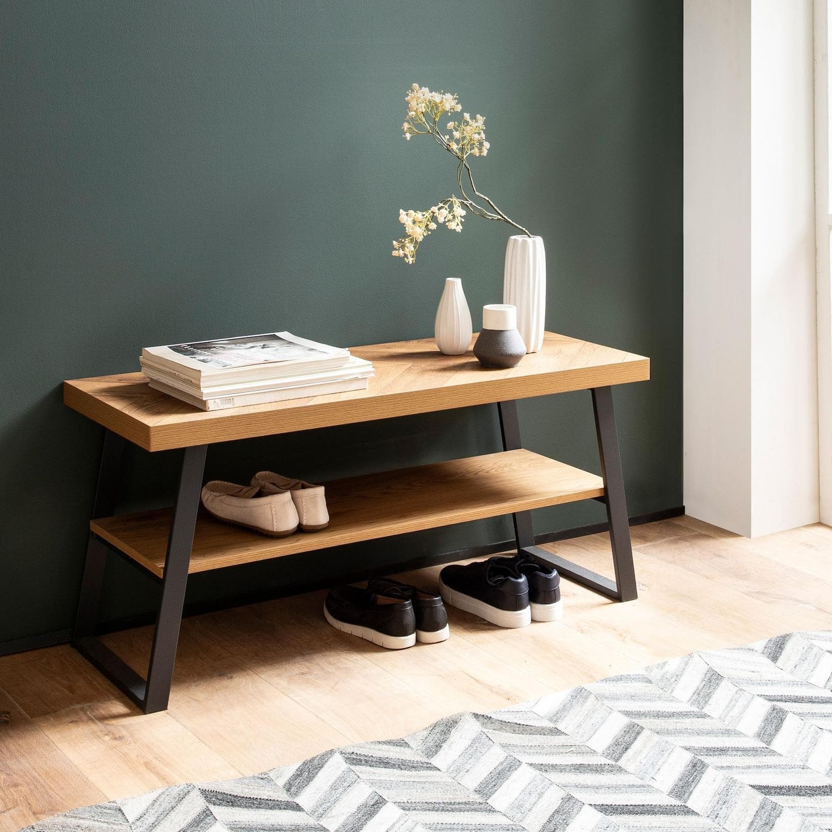 FineBuy Schuhbank 100 cm Eiche Fischgrät mit Ablage