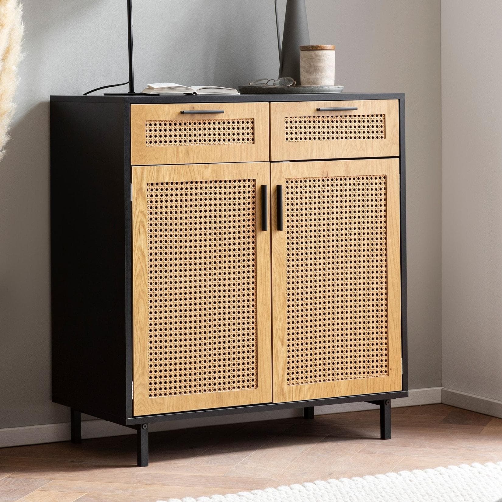 FINEBUY Sideboard Schwarz mit Wiener Geflecht und Schubladen