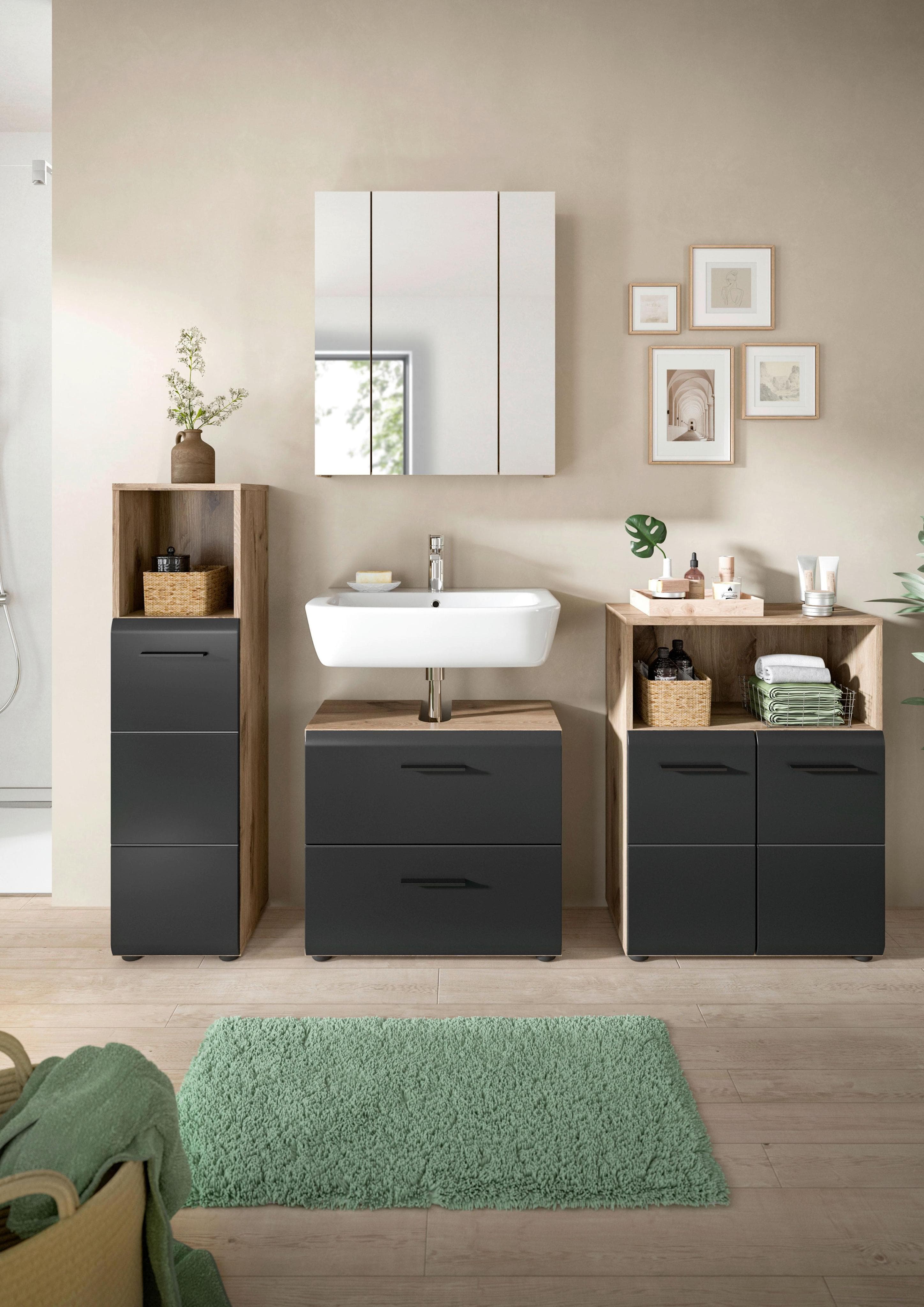 Badezimmer-Set Ice 4-tlg. Schwarz & Eiche Dunkel