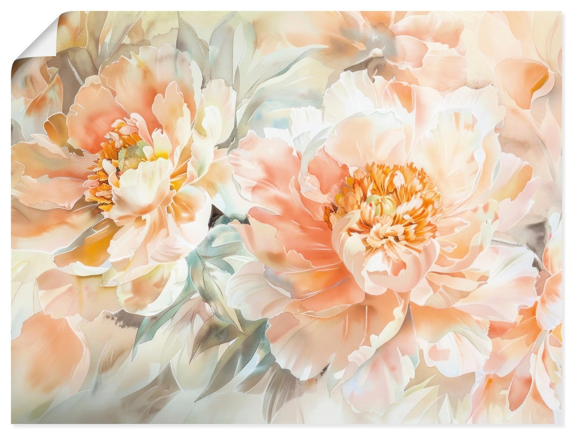Wandbild ARTLAND Pfirsisch Farbene Pfingstrosen Aquarell Orange