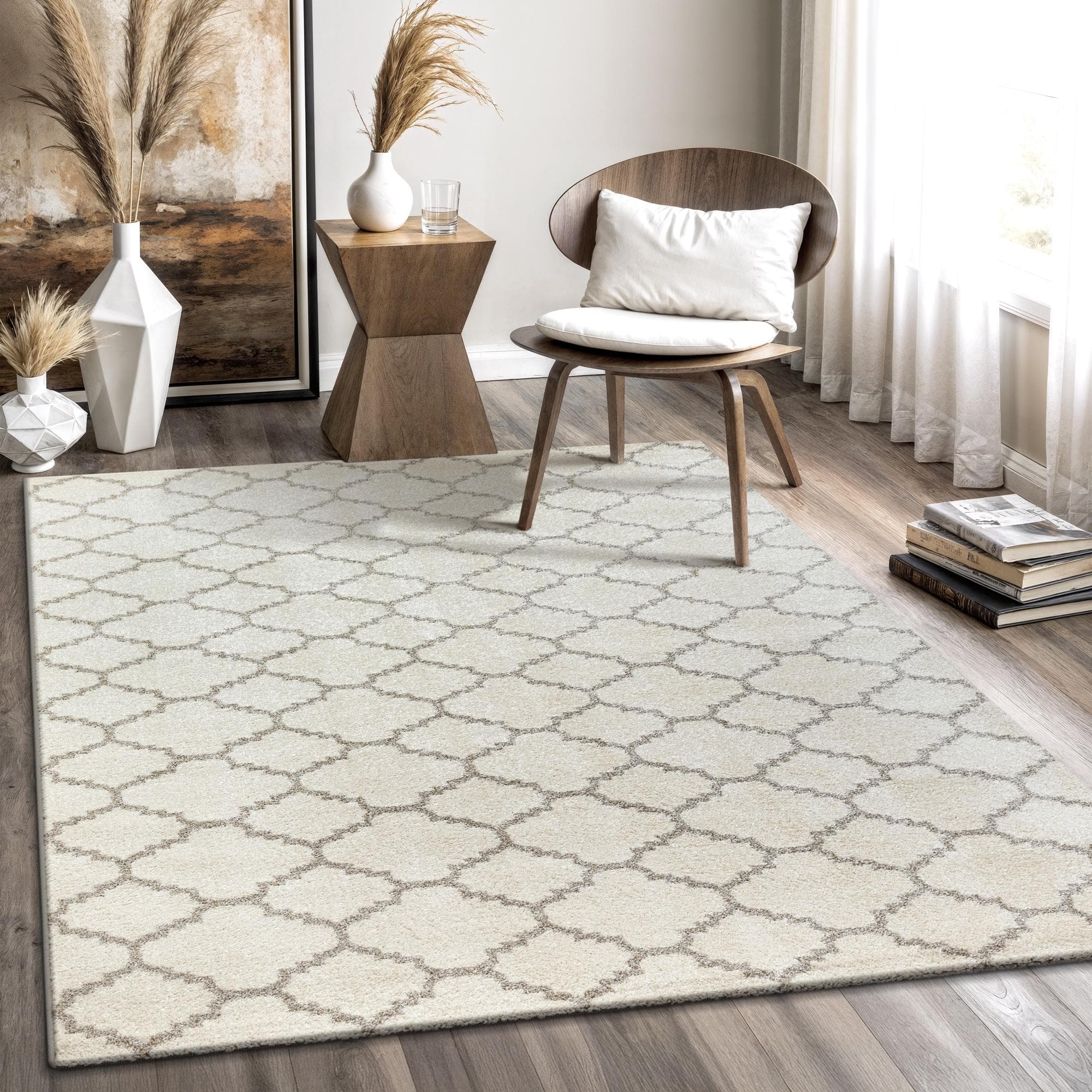 Boho-Scandic Kurzflor Teppich in Creme, 80x200 cm