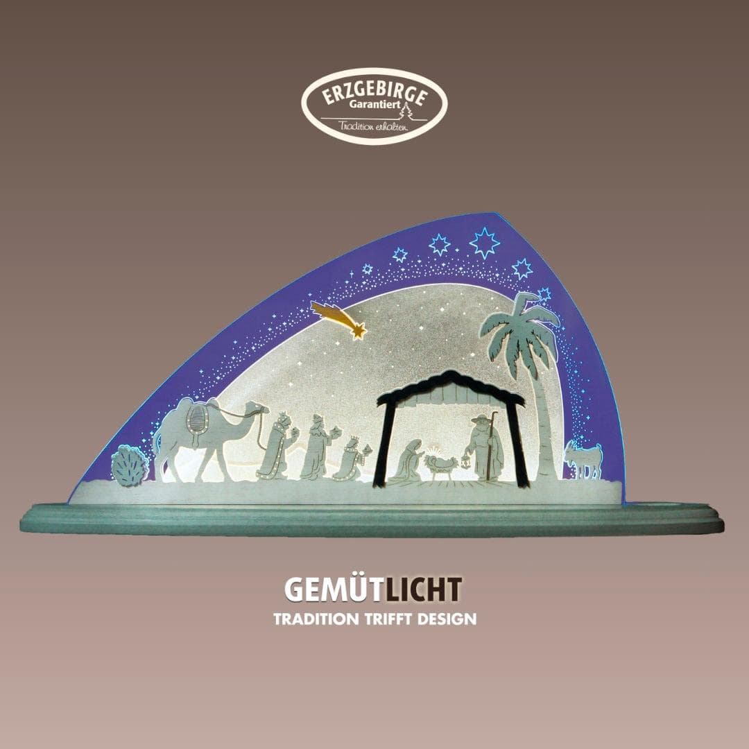 WEIGLA LED Schwibbogen Christi Geburt Holz Acrylglas Weiss Blau