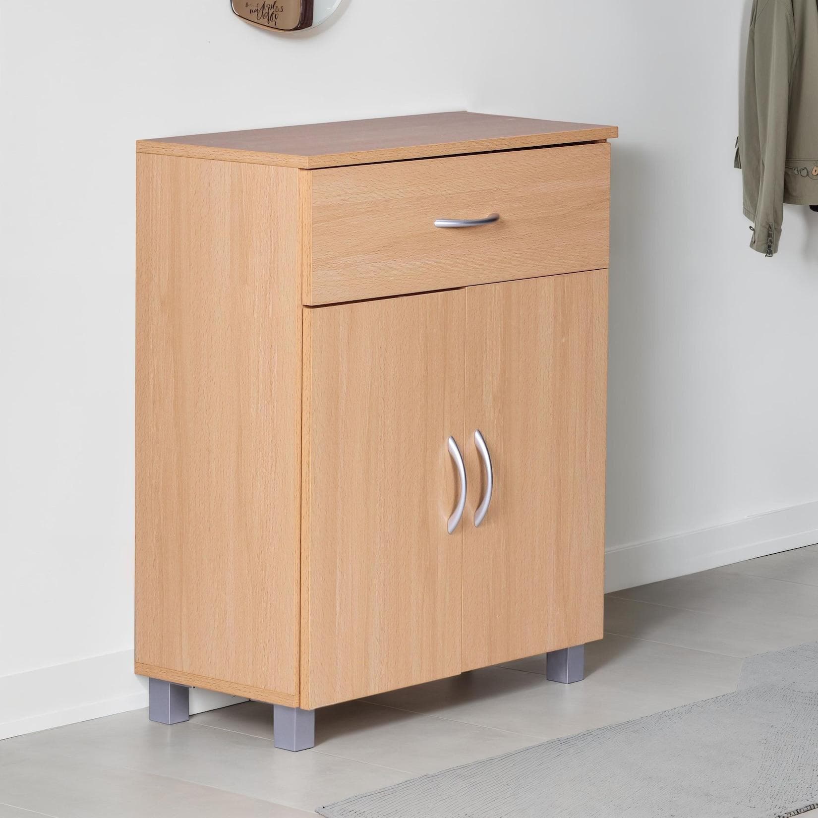 FINEBUY Schuhschrank Buche Optik 60 cm mit Schublade und 2 Türen