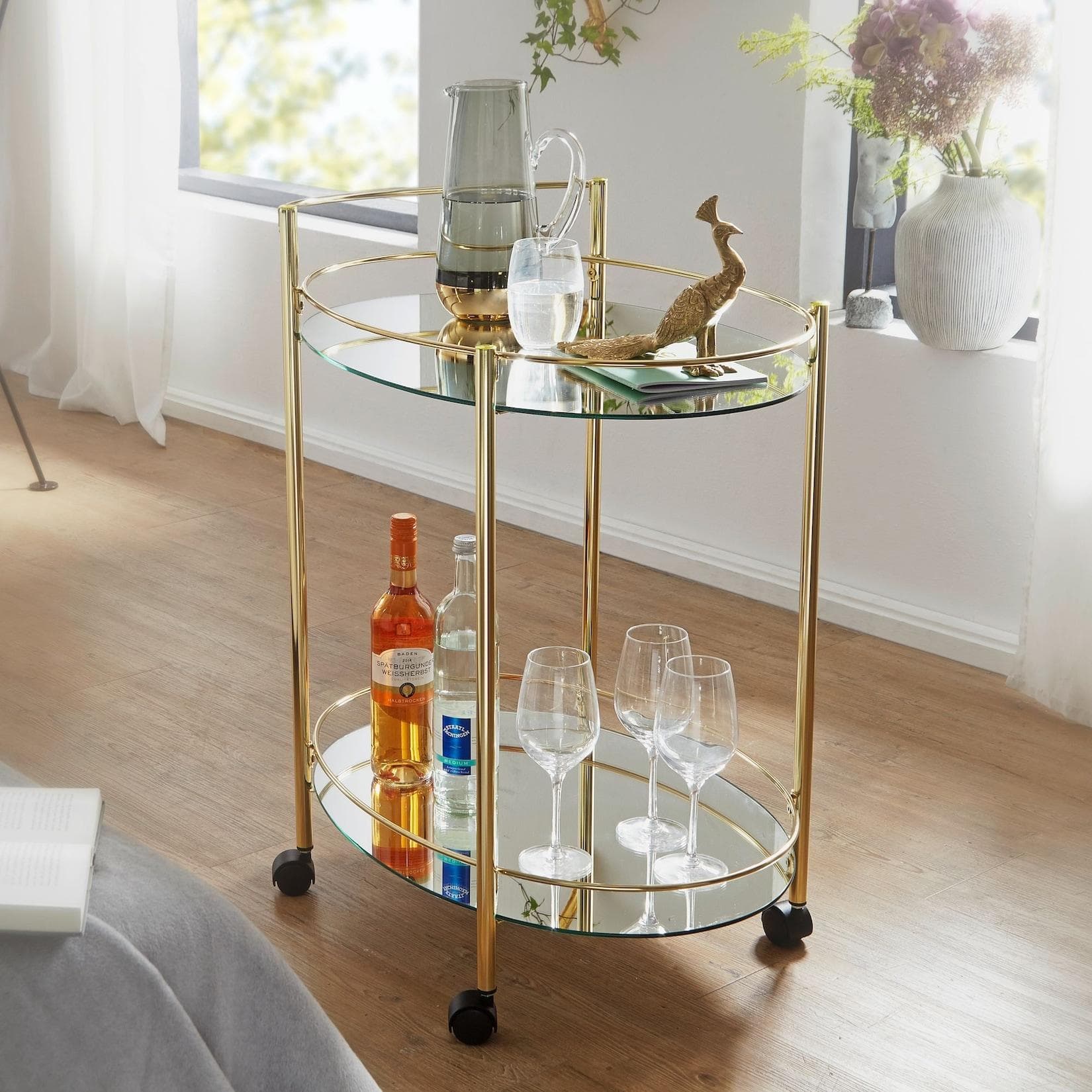 FineBuy Servierwagen Gold Glas Beistelltisch auf Rollen