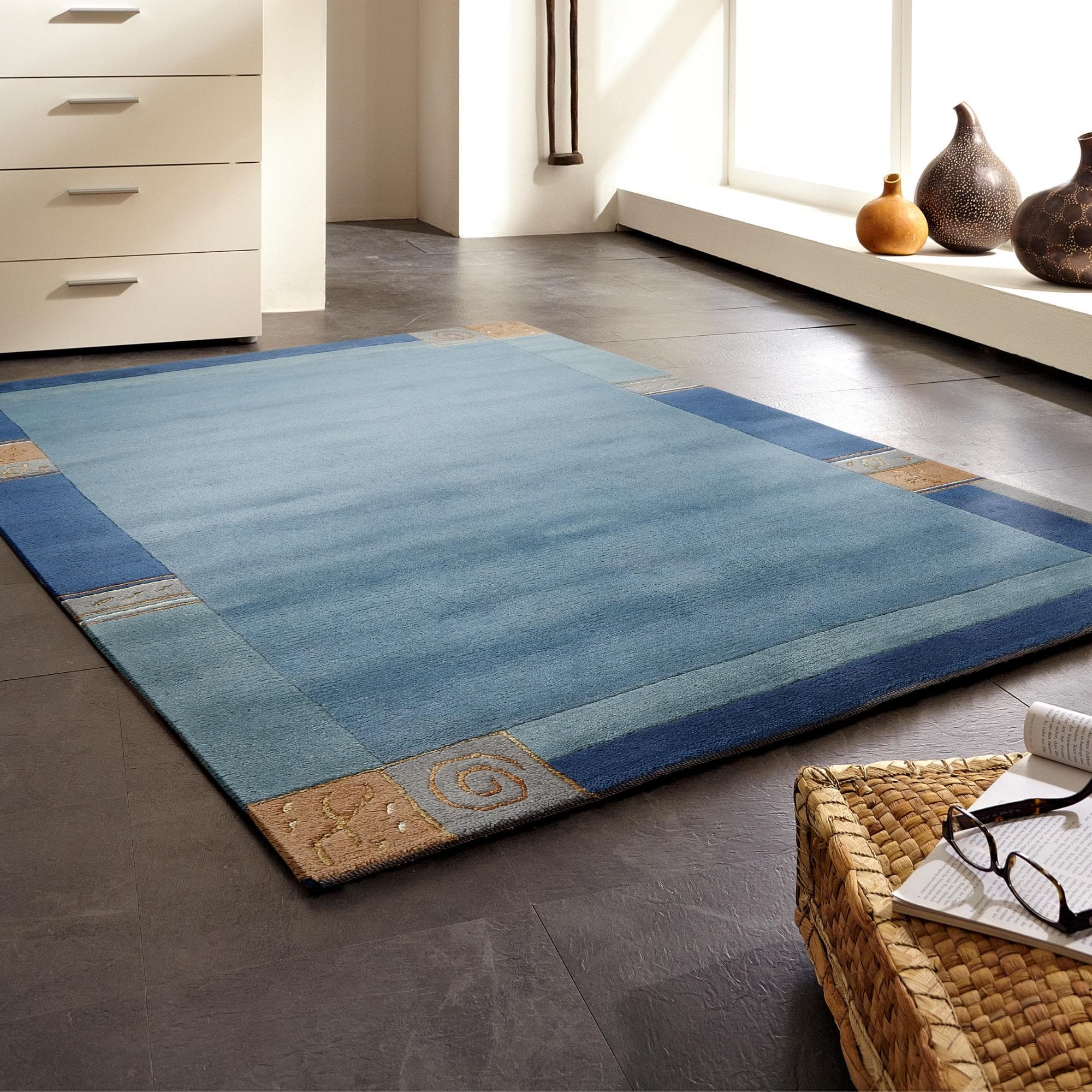 Designer Schurwollteppich Blau Beige 250x350 cm