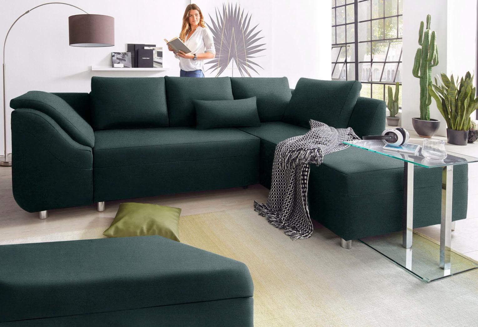 Ecksofa COLLECTION AB Sally L-Form mit Bettfunktion flaschengrün